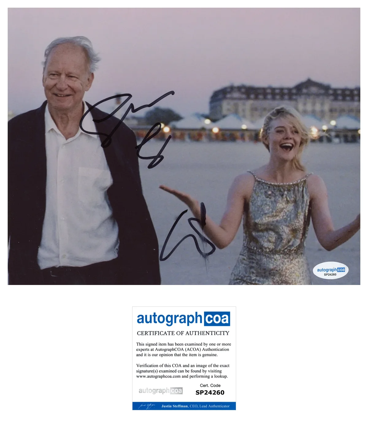 Stellan Skarsgard, Elle Fanning — Stellan Skarsgard & Elle Fanning Dual Signed SENTIMENTAL VALUE 8x10 Photo ACOA