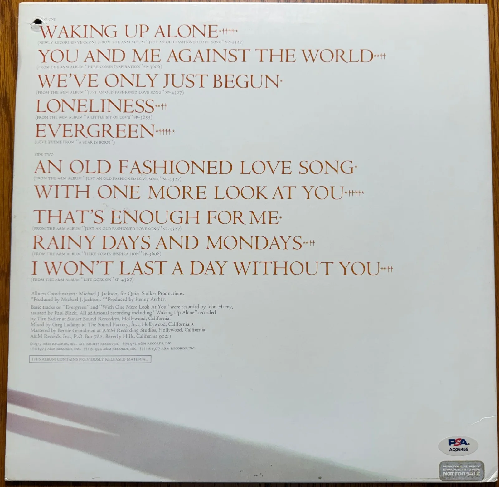 PAUL WILLIAMS SIGNED CLASSICS PROMO VINYL LP PSA/DNA CERTIFICATION EVERGREEN, image 2