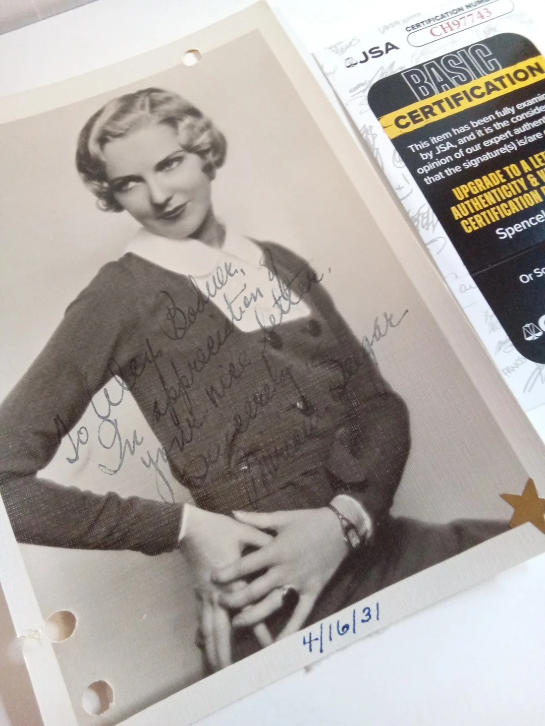 Miriam Seegar Signed 5x7 Photo Silent Film Star JSA Authenticated, изображение 3