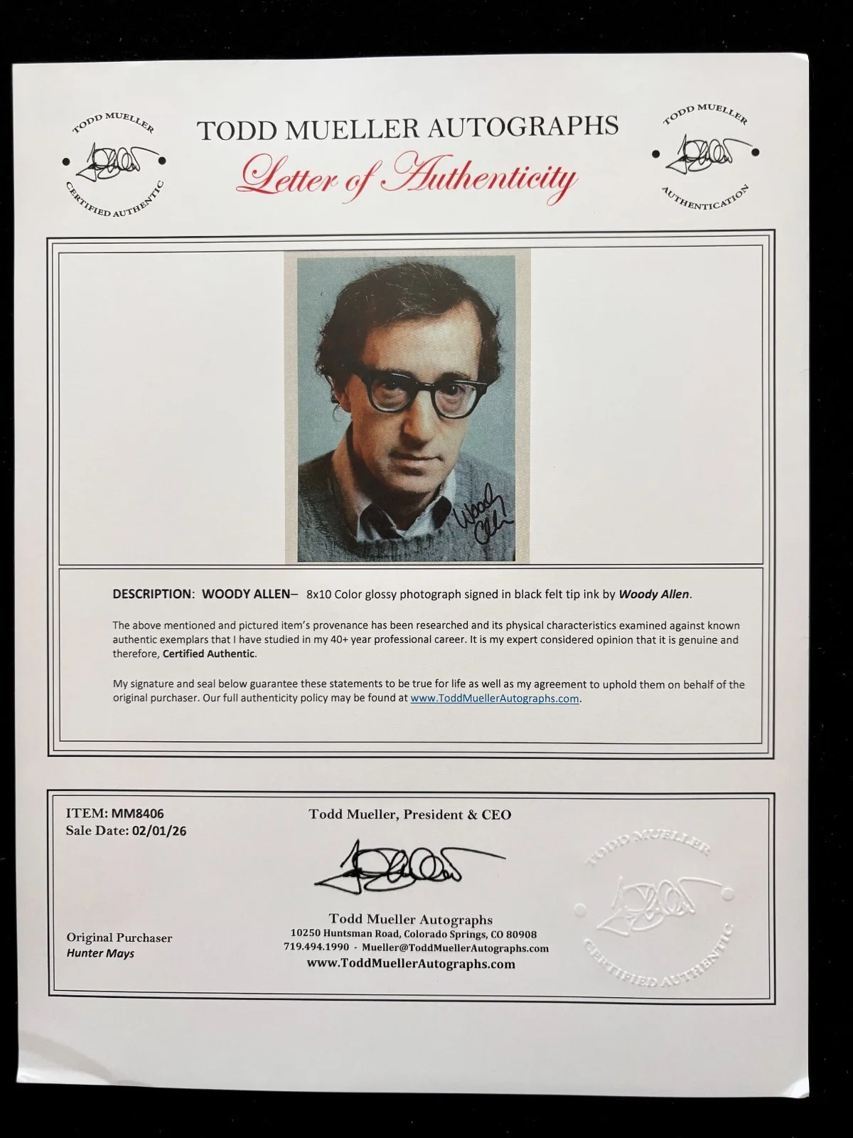 Woody Allen — Vintage WOODY ALLEN 8x10 Color Autographed Photograph with COA, изображение 5