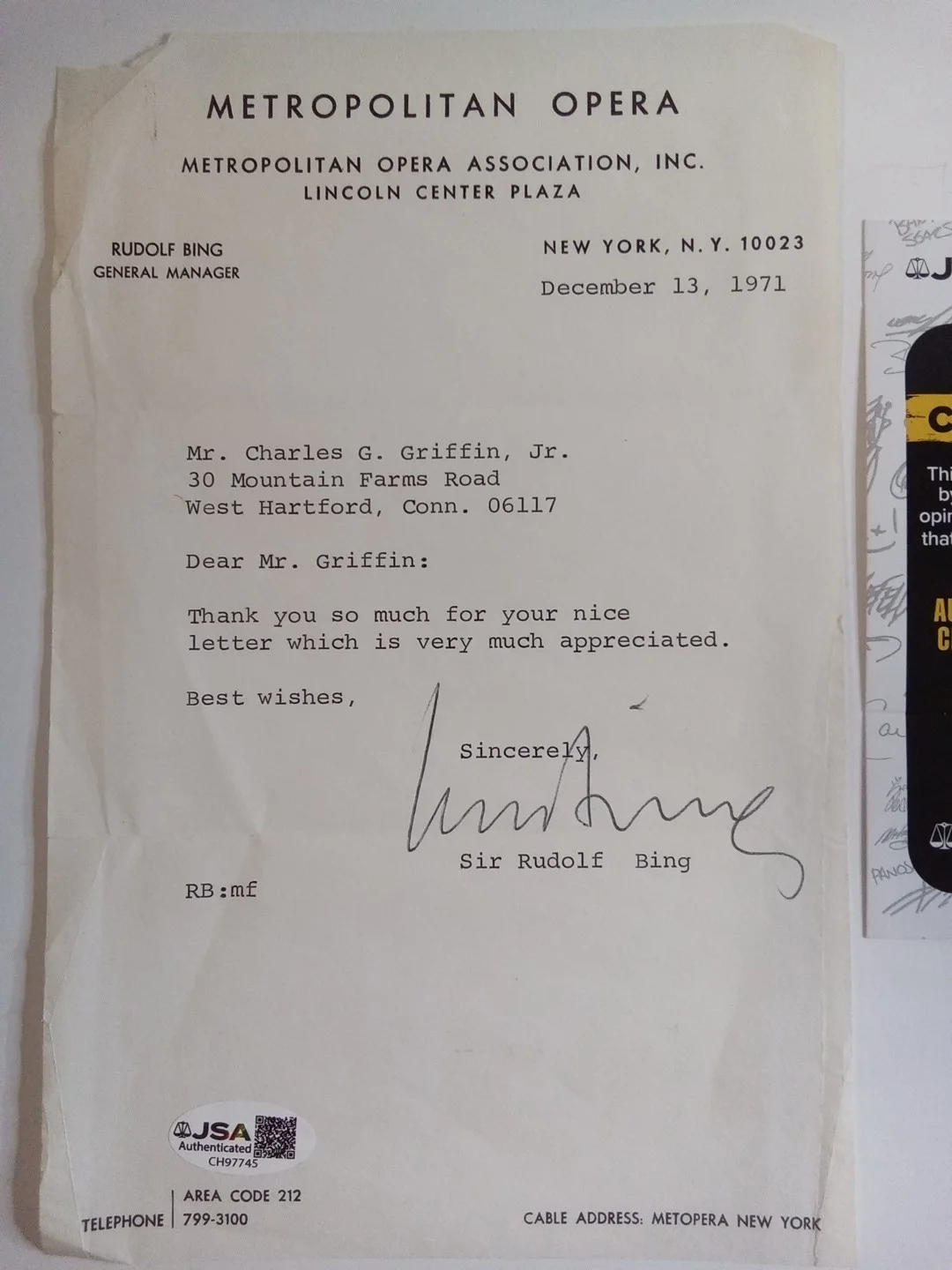 Sir Rudolf Bing Signed Letterhead Metropolitan Opera JSA Authenticated, image 2