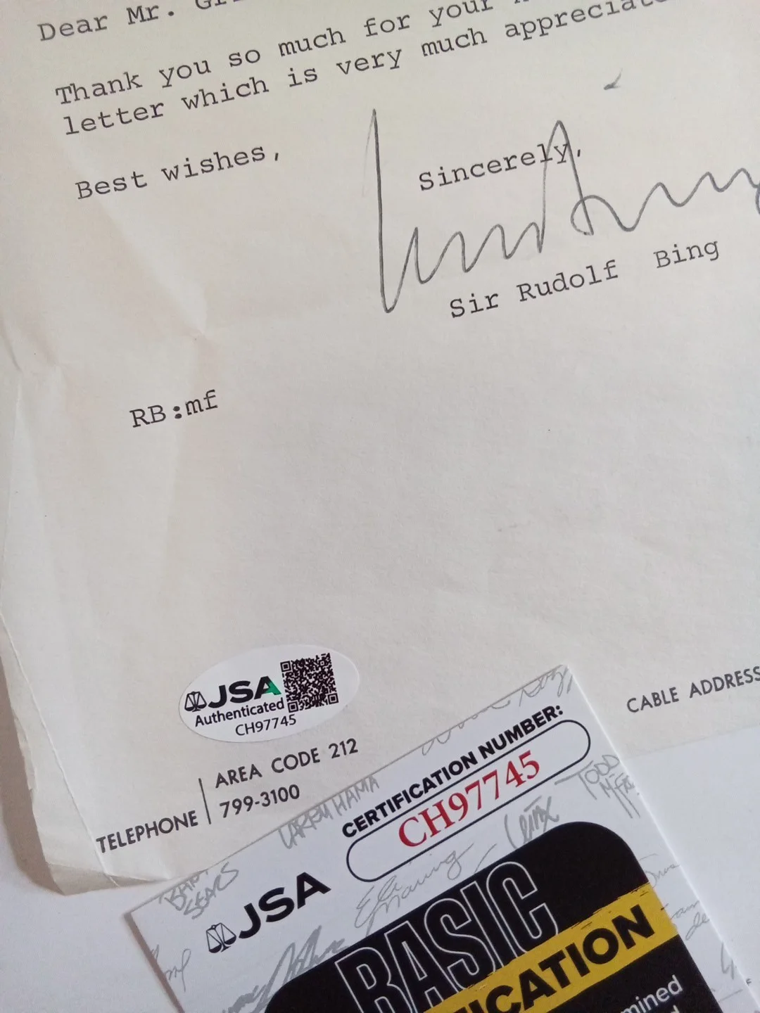 Sir Rudolf Bing Signed Letterhead Metropolitan Opera JSA Authenticated, image 3