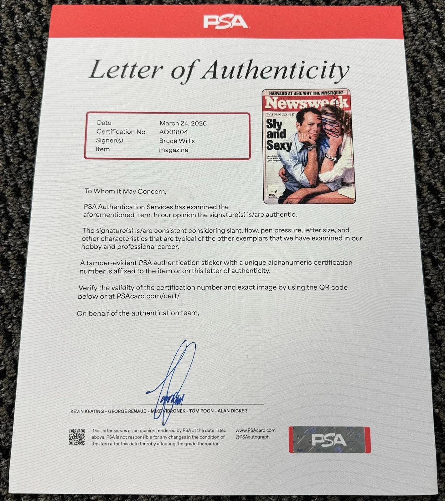 Bruce Willis — Bruce Willis Signed Autograph 1986 Newsweek Full Magazine PSA/DNA LOA, изображение 3