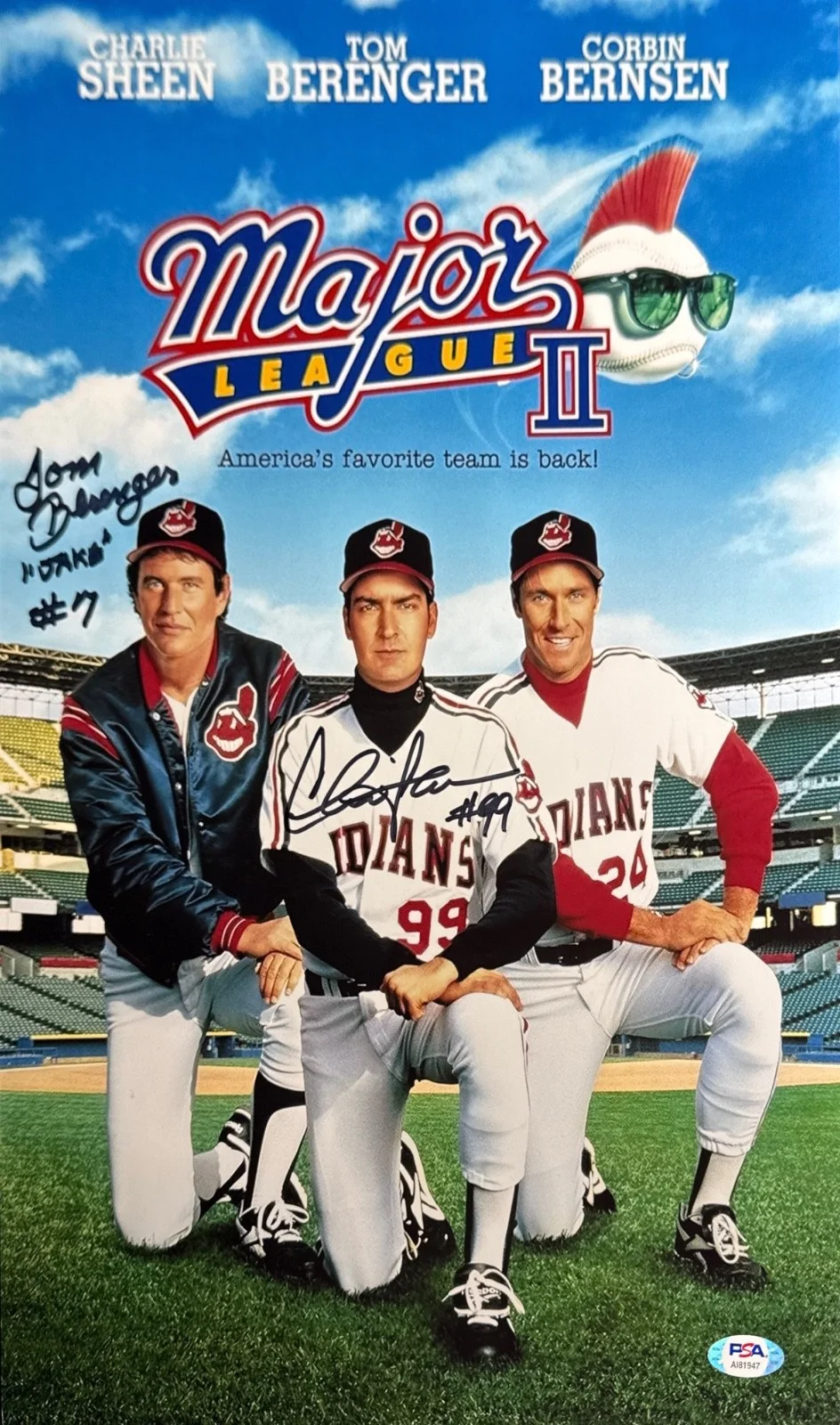Charlie Sheen — Charlie Sheen & Tom Berenger Signed 11x17 Major League PSA AI81947, image 2
