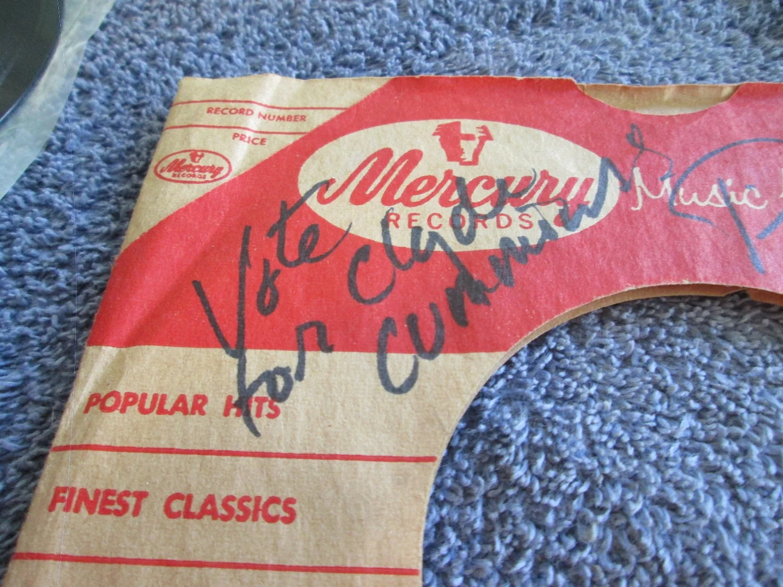 Pat Boone -Signed- MERCURY SLEEVE WITH INSCRIPTION-VOT FOR CLYDE CUMMINGS-V=VG T, image 3
