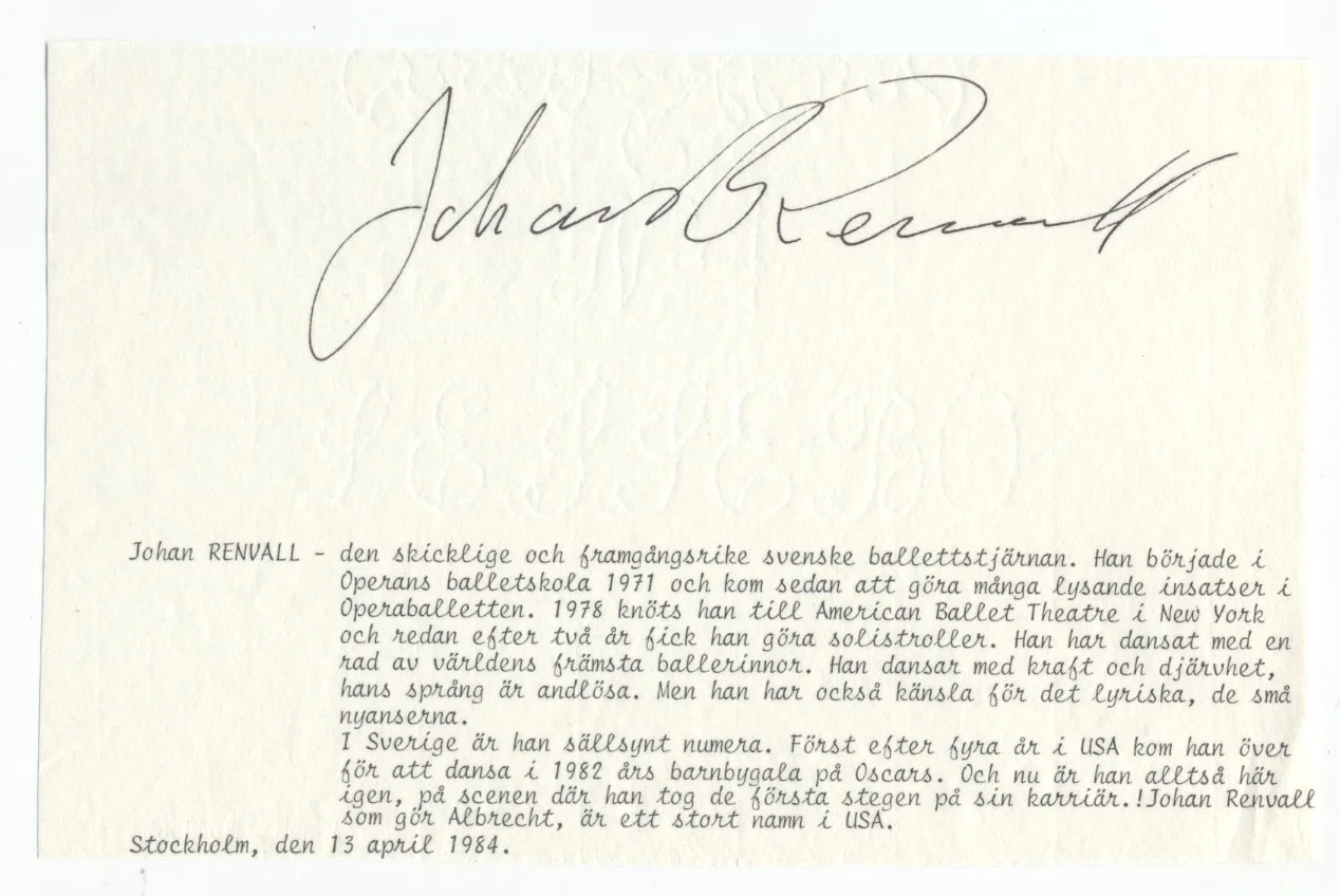 JOHAN RENVALL - Original Autograph 1984 - Swedish Ballet Dancer & Choreographer, image 2
