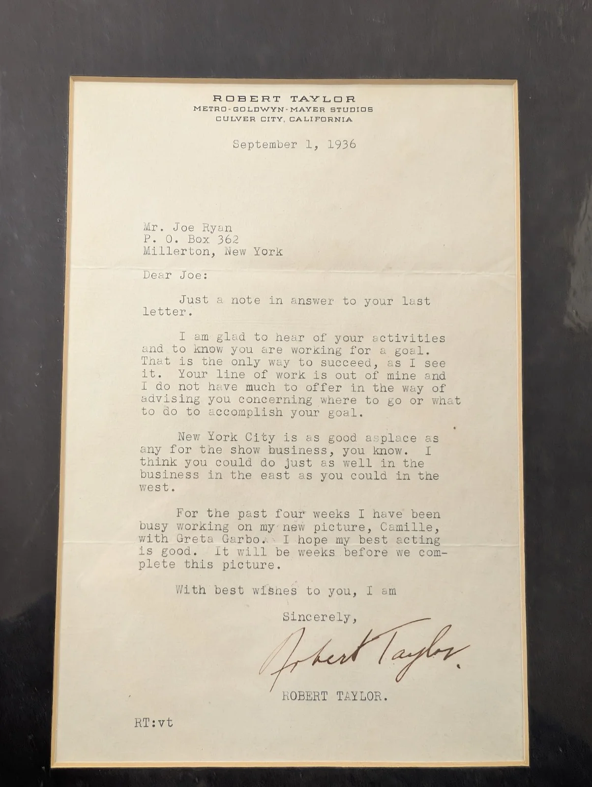 Robert Taylor — Framed ROBERT TAYLOR SIGNED Letter To JOE RYAN, New York union president, image 2