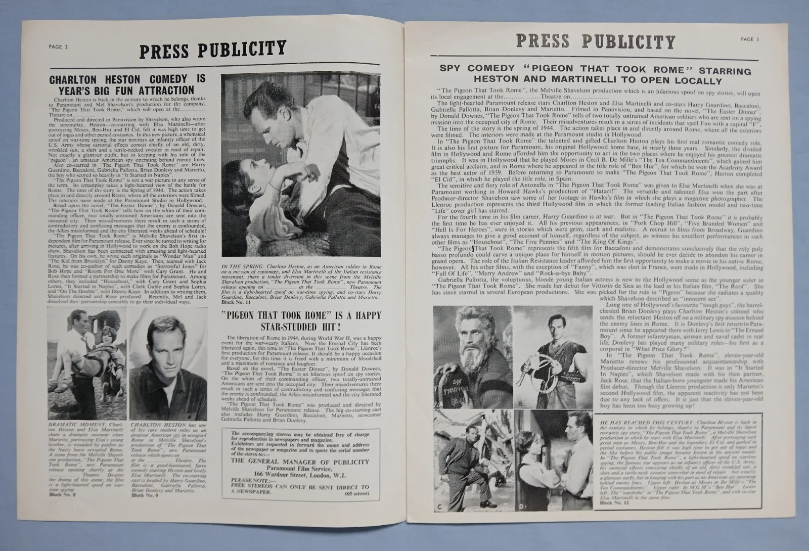THE PIGEON THAT TOOK ROME (1962) rare original UK Exhibitors Campaign Press Book, изображение 2