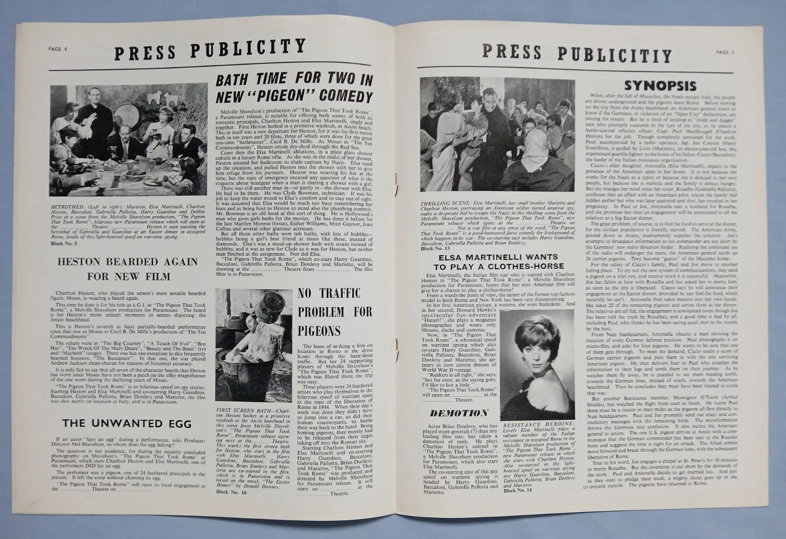 THE PIGEON THAT TOOK ROME (1962) rare original UK Exhibitors Campaign Press Book, изображение 3