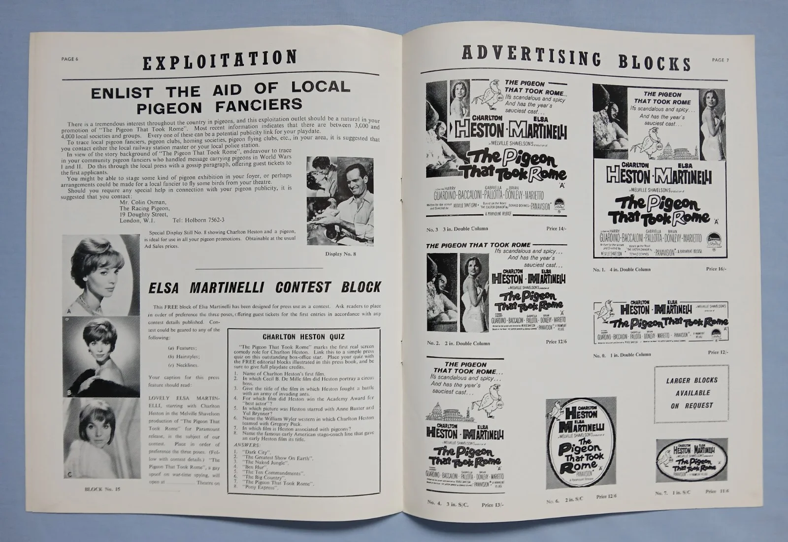 THE PIGEON THAT TOOK ROME (1962) rare original UK Exhibitors Campaign Press Book, изображение 4