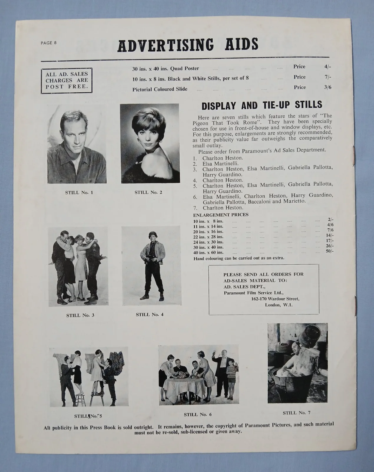 THE PIGEON THAT TOOK ROME (1962) rare original UK Exhibitors Campaign Press Book, изображение 5