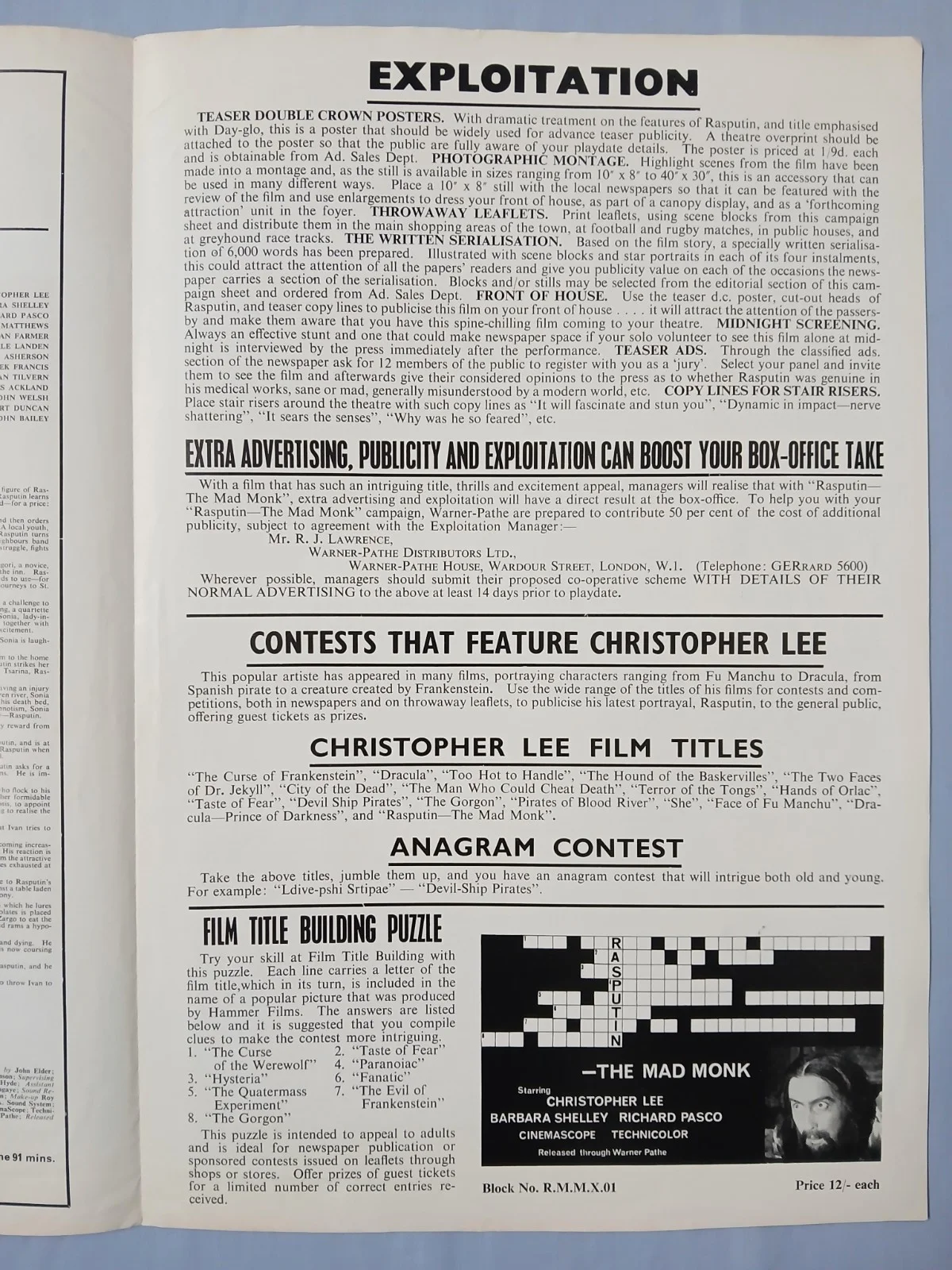 RASPUTIN THE MAD MONK (1966) orig UK Campaign Press Book -Christopher Lee Hammer, image 4