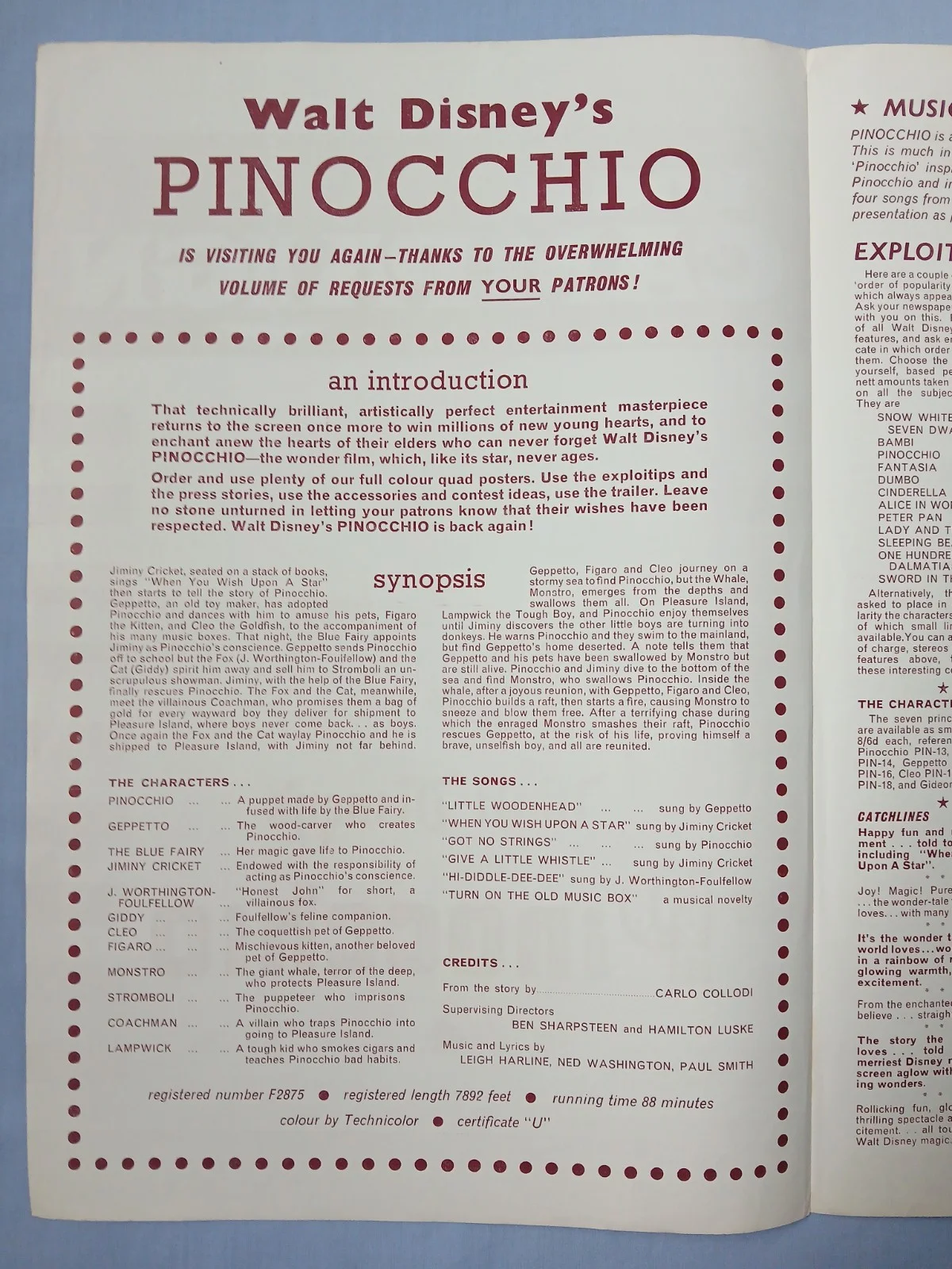 PINOCCHIO (1940,RR1961) v.rare original UK Campaign Press Book - Disney, image 2
