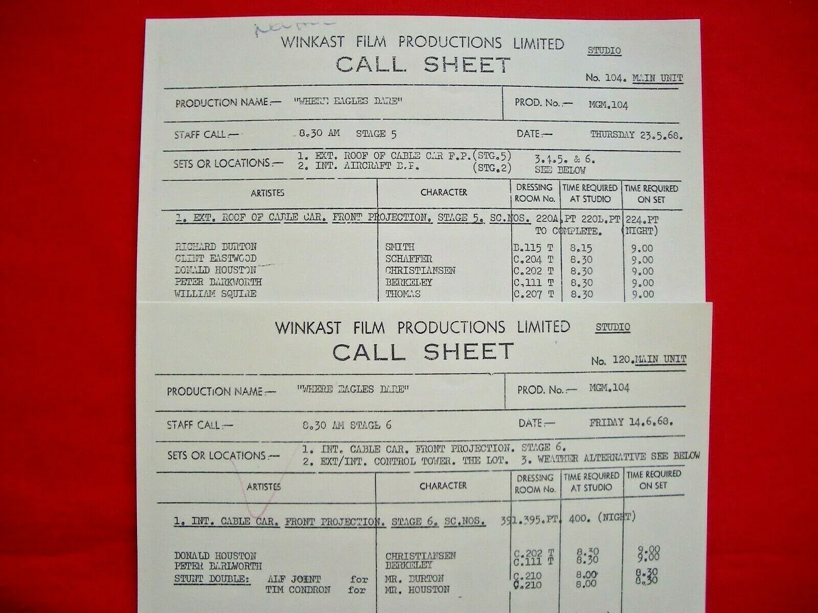 Where Eagles Dare CLINT EASTWOOD + RICHARD BURTON Call Sheets - REPRO Film Prop, изображение 2