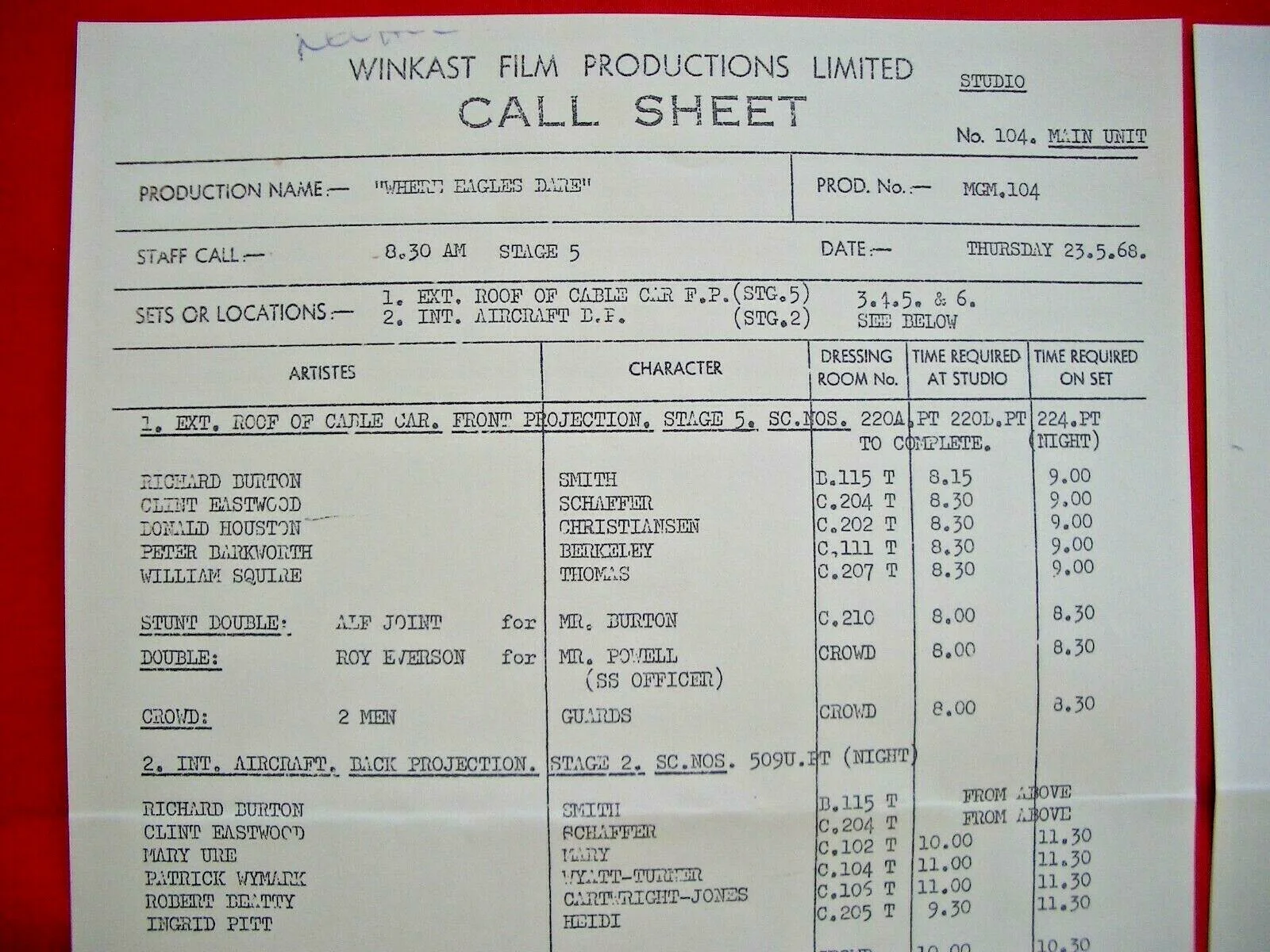 Where Eagles Dare CLINT EASTWOOD + RICHARD BURTON Call Sheets - REPRO Film Prop, изображение 3