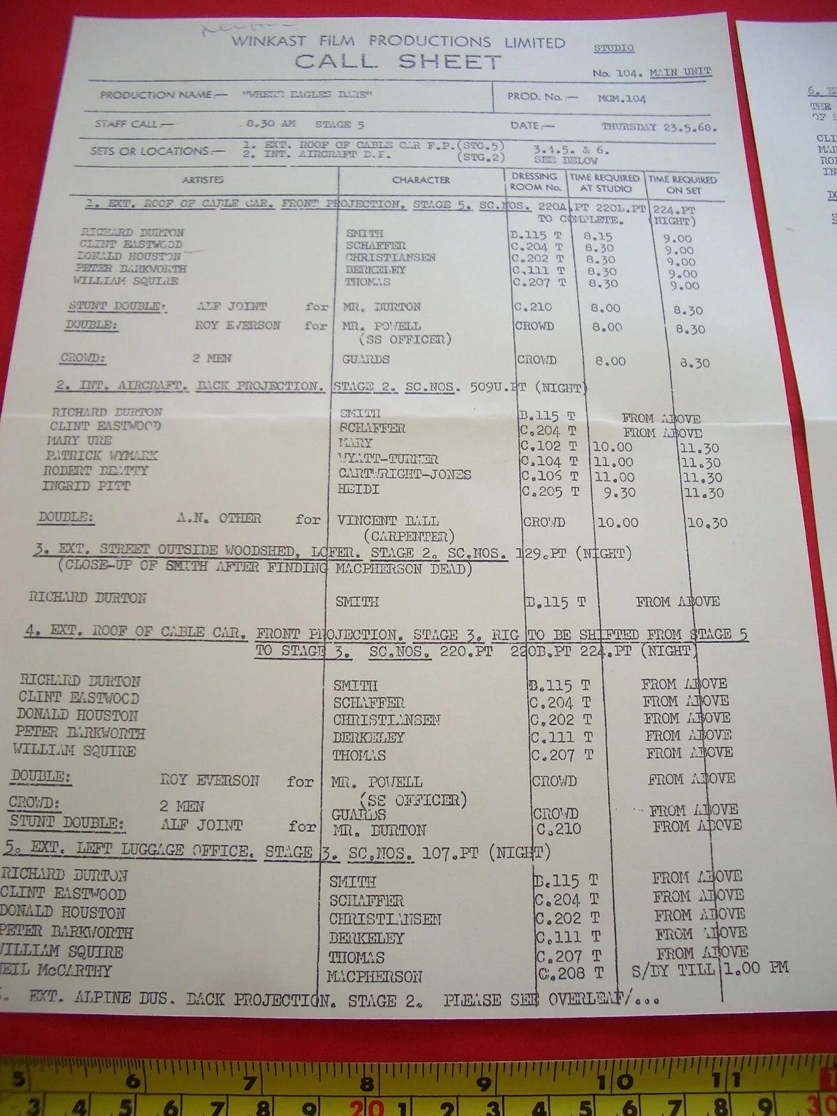 Where Eagles Dare CLINT EASTWOOD + RICHARD BURTON Call Sheets - REPRO Film Prop, изображение 4