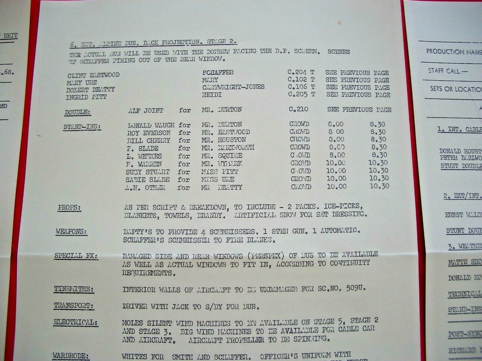 Where Eagles Dare CLINT EASTWOOD + RICHARD BURTON Call Sheets - REPRO Film Prop, изображение 5