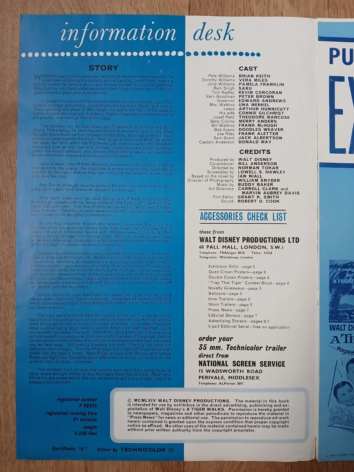 A TIGER WALKS (1964) rare original UK Exhibitors Campaign Press Book - Disney, изображение 2