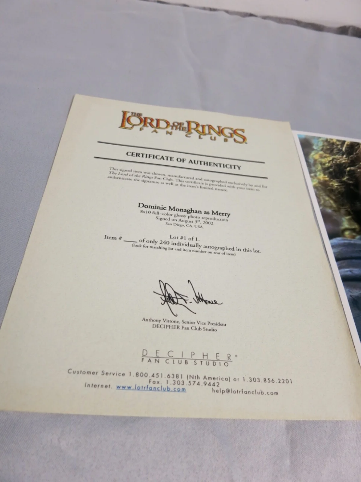 Lord of the Rings Fan Club Dominic Monaghan as Merry autograph with COA, изображение 5