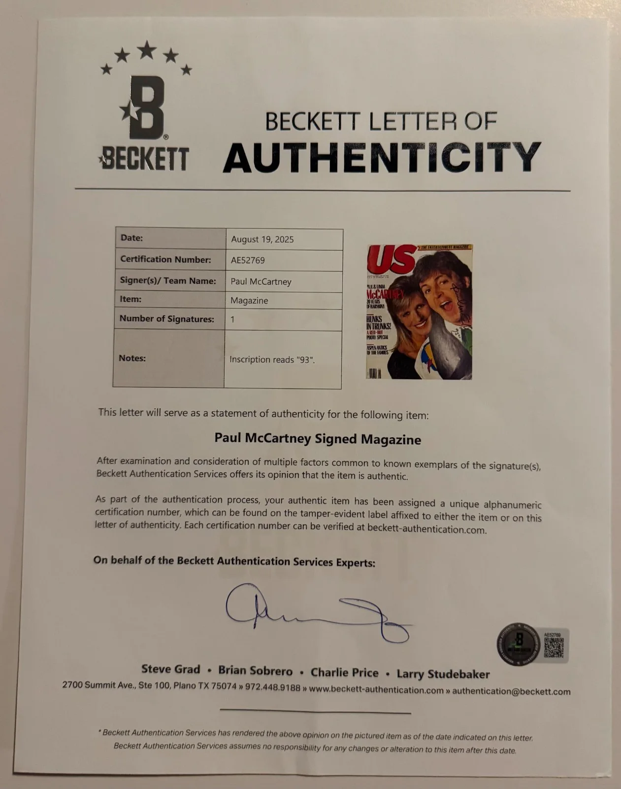 PAUL McCARTNEY The Beatles Signed 1990 US Magazine Beckett & PSA/DNA 8 SLABBED, image 3