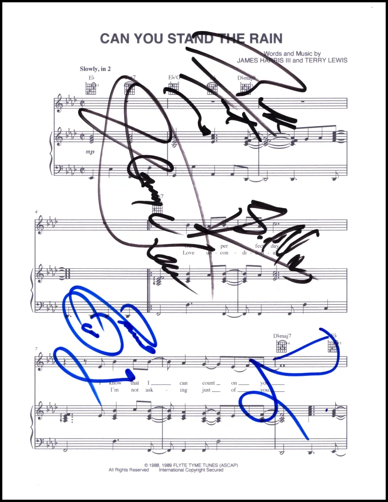 Michael Bivins, Bobby Brown, Ronnie DeVoe, Johnny Gil, Ralph Tres — New Edition Band x5 Signed Autograph Can You Stand the Rain Sheet Music