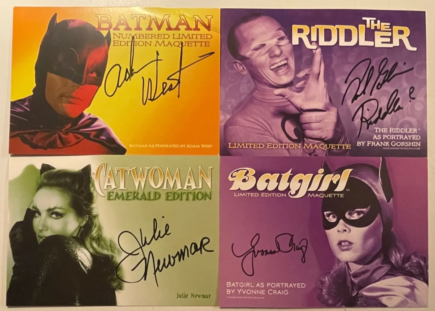 Adam West | Julie Newmar — RARE SIGNED Postcard Lot Batman Tweeterhead Maquette Adam West Julie Newmar SDCC