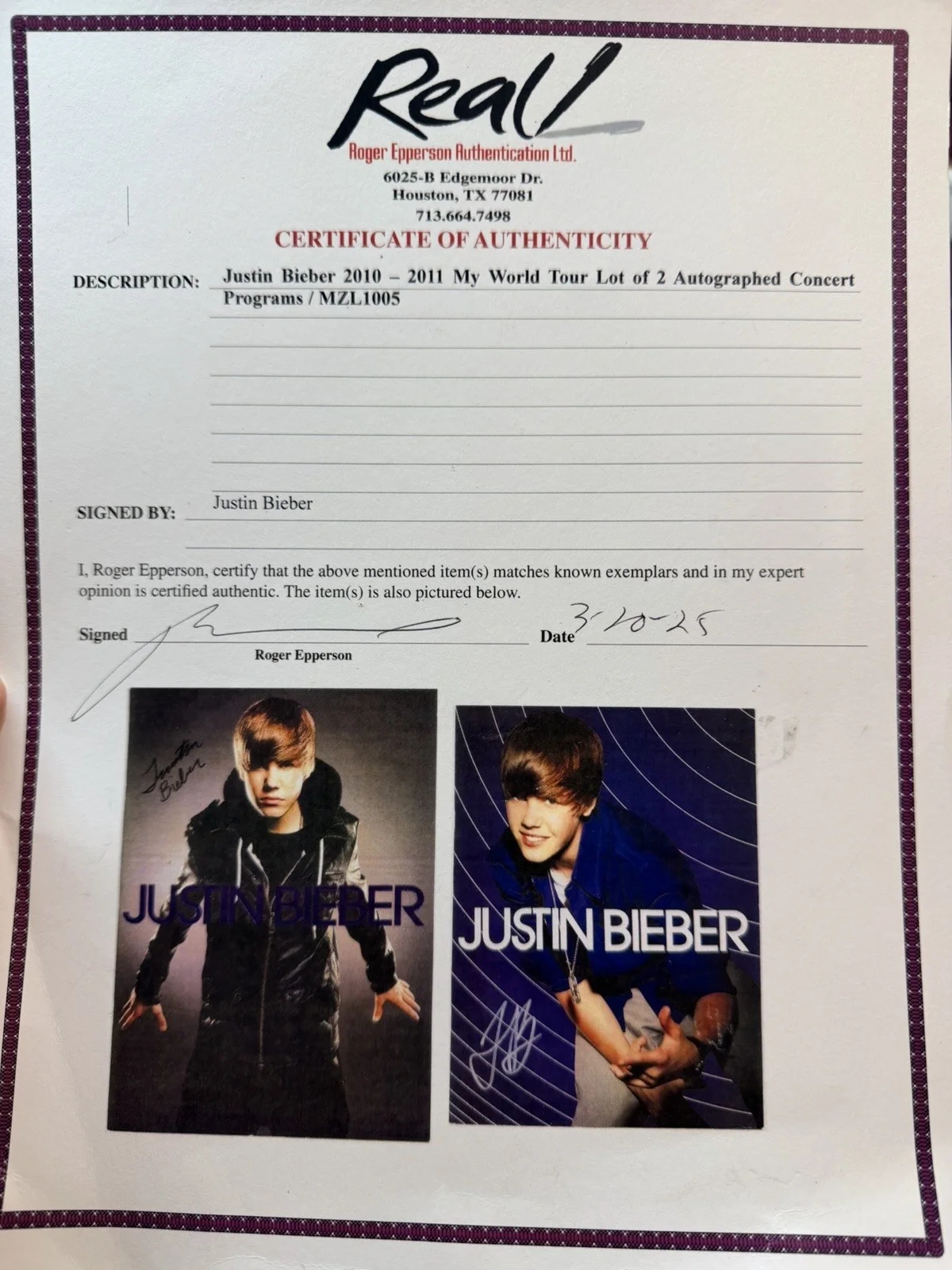 2 Justin Bieber Autographed Signed Tour Book Programs Epperson COA Full Name!!, image 2