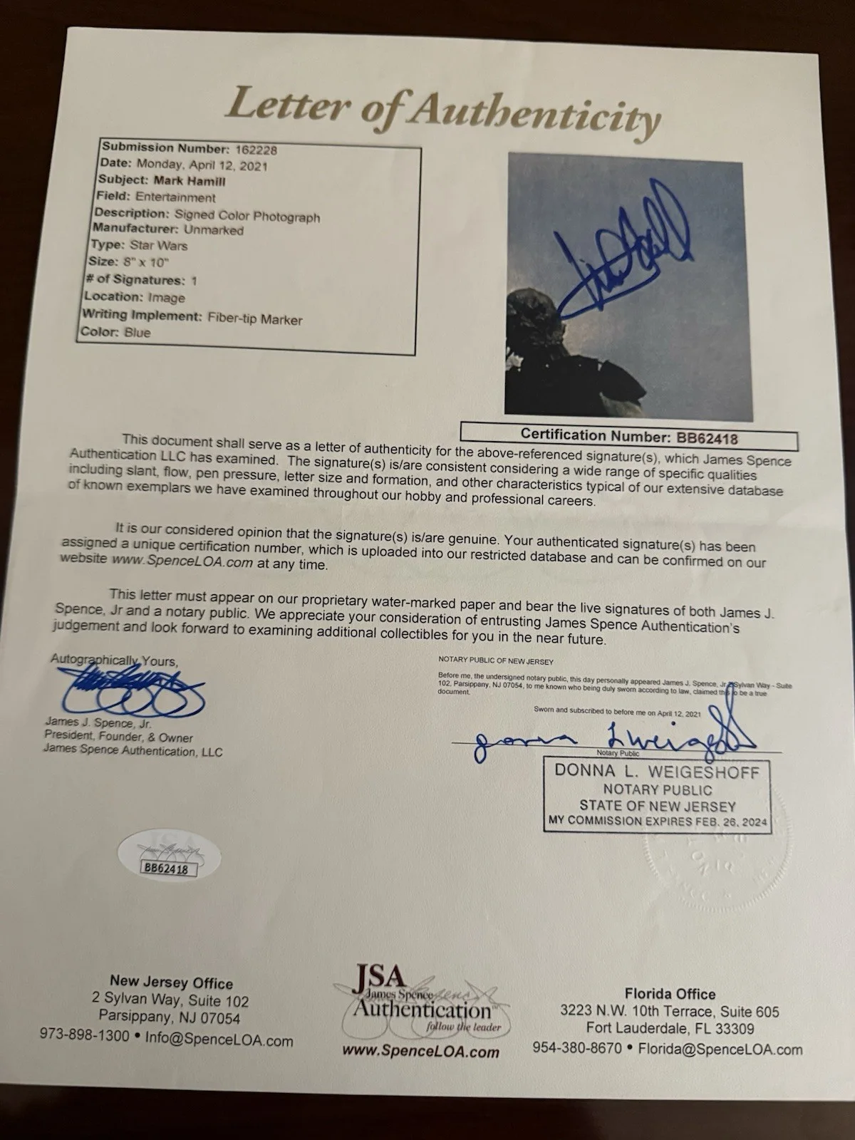Mark Hamill — MARK HAMILL HAND SIGNED STAR WARS AUTOGRAPH 8x10 COLOR RARE JSA LOA LUKE, image 3