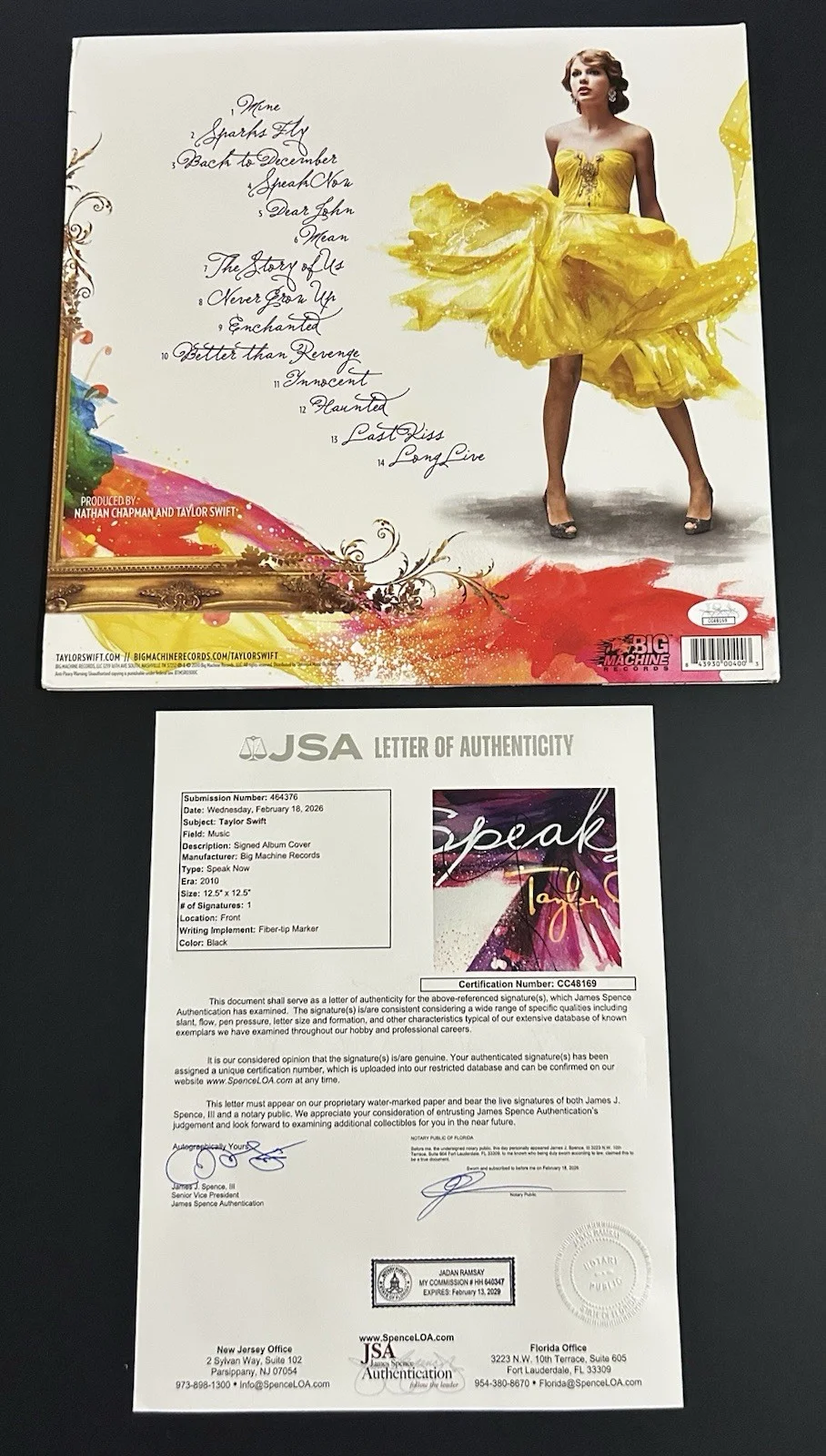 TAYLOR SWIFT Speak Now ALBUM COVER SIGNED/AUTOGRAPHED VINYL 2 LP **JSA LETTER**, image 2