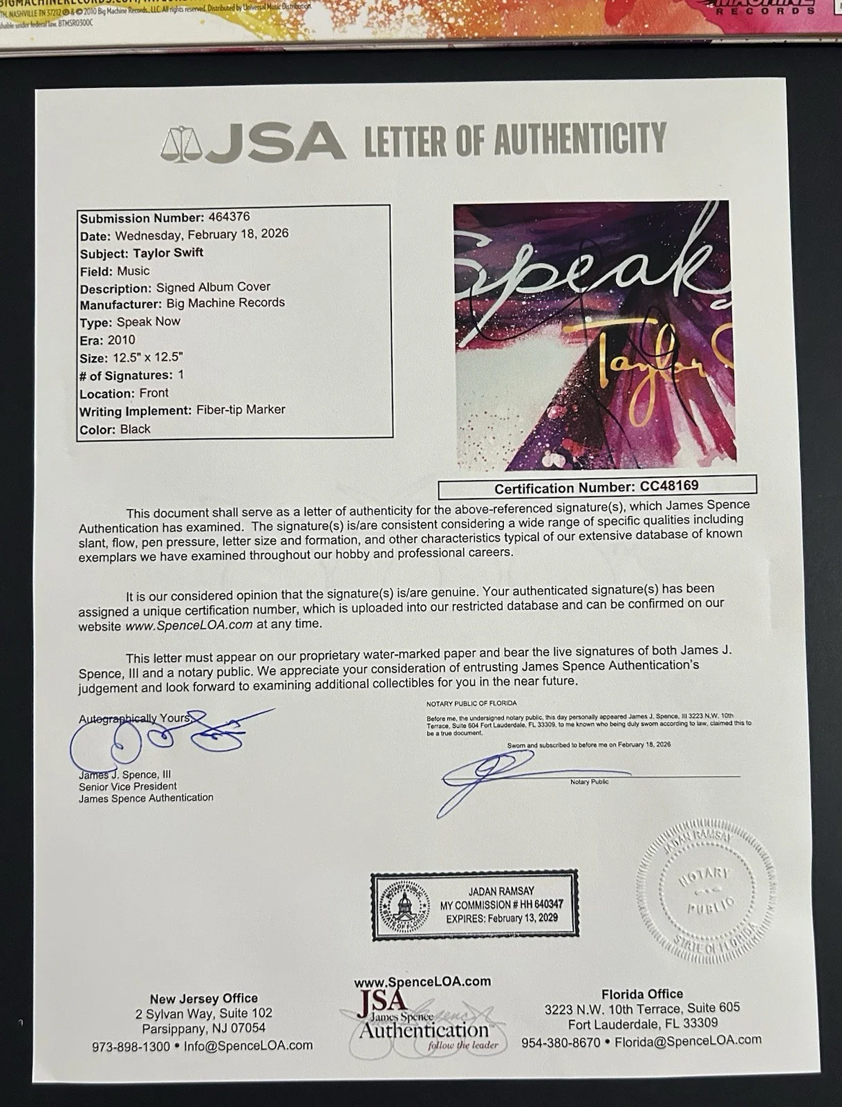 TAYLOR SWIFT Speak Now ALBUM COVER SIGNED/AUTOGRAPHED VINYL 2 LP **JSA LETTER**, image 3