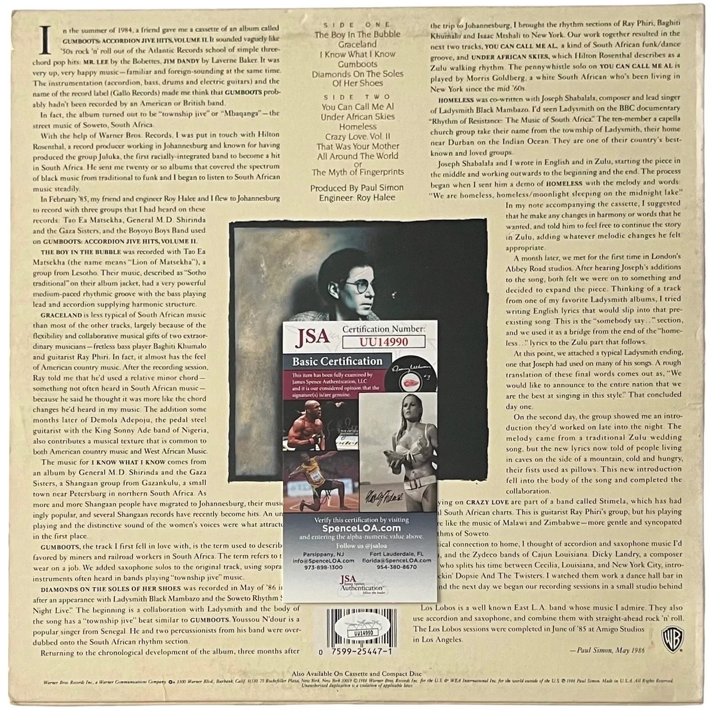 Paul Simon Signed Graceland Vinyl Record JSA COA UU14990, image 3