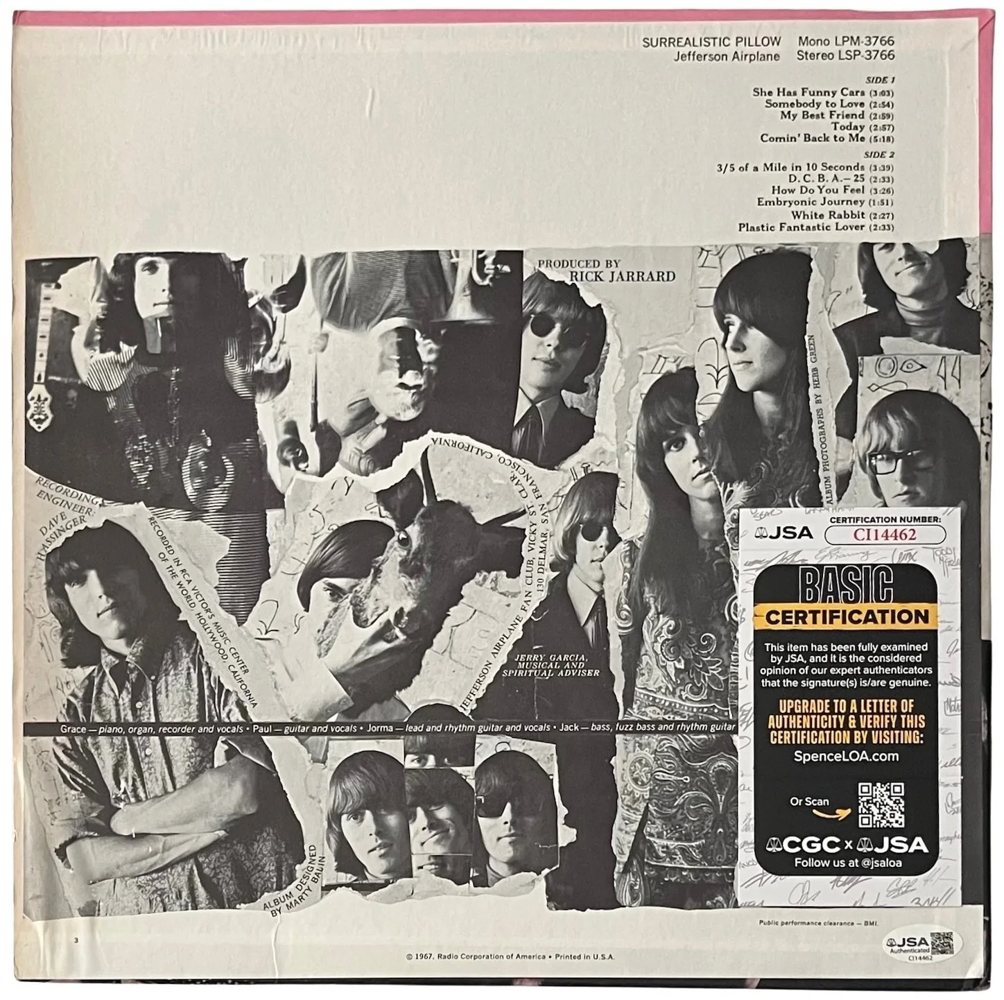 Grace Slick Signed Jefferson Airplane Surrealistic Pillow Vinyl Record JSA COA, image 3