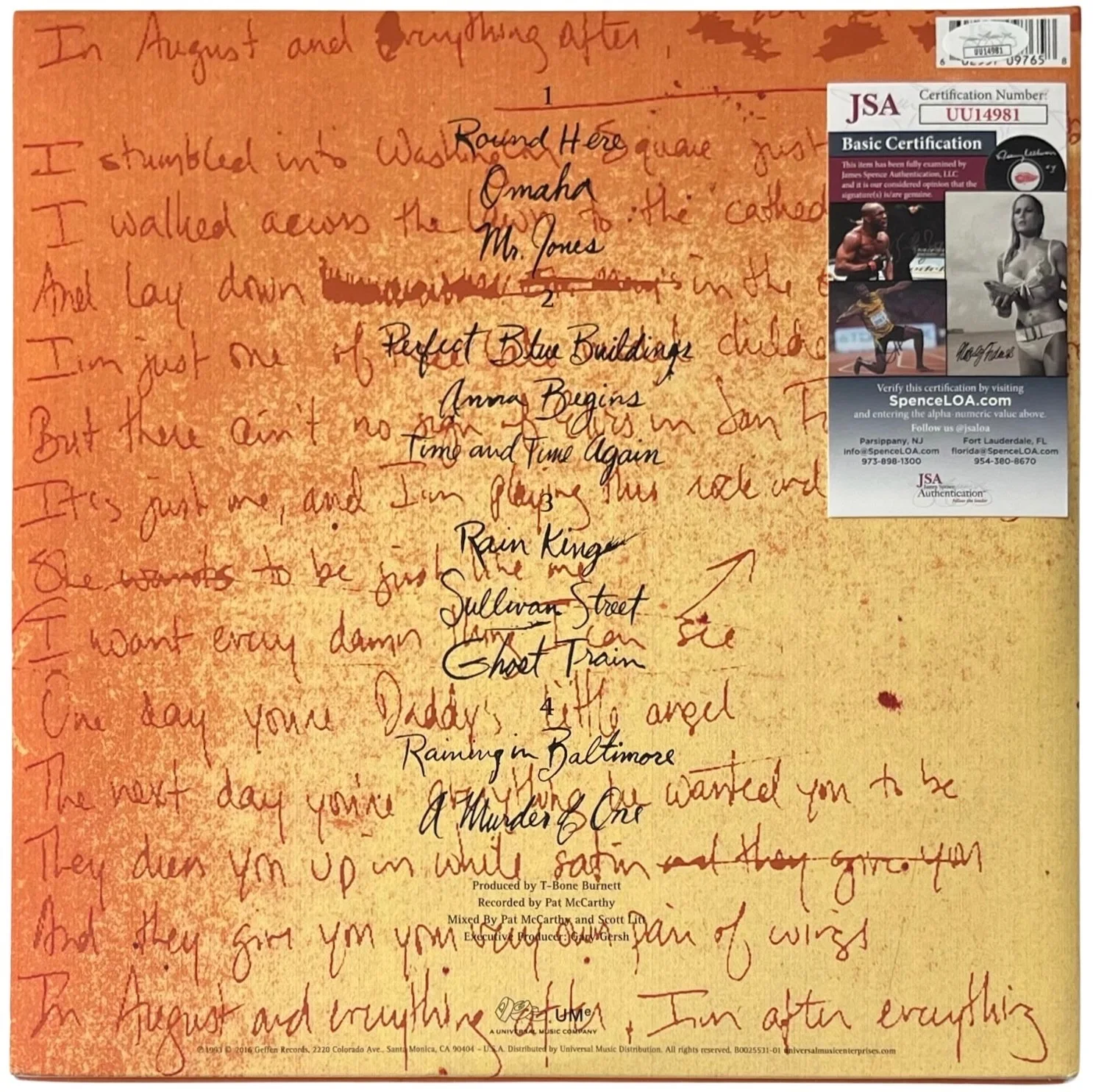 Adam Duritz Signed Counting Crows August And Everything After Vinyl Record JSA, image 3