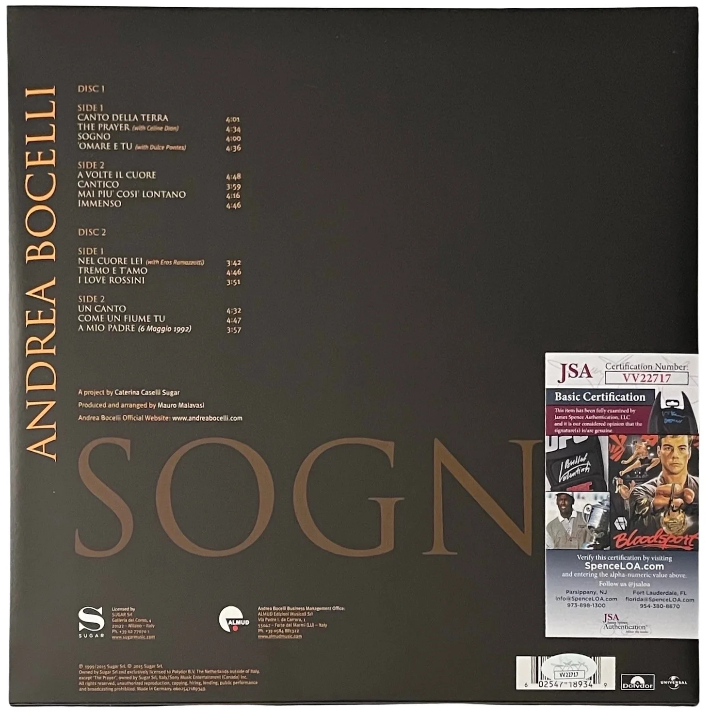 Andrea Bocelli Signed Sogno Vinyl Record JSA COA VV22717, image 3