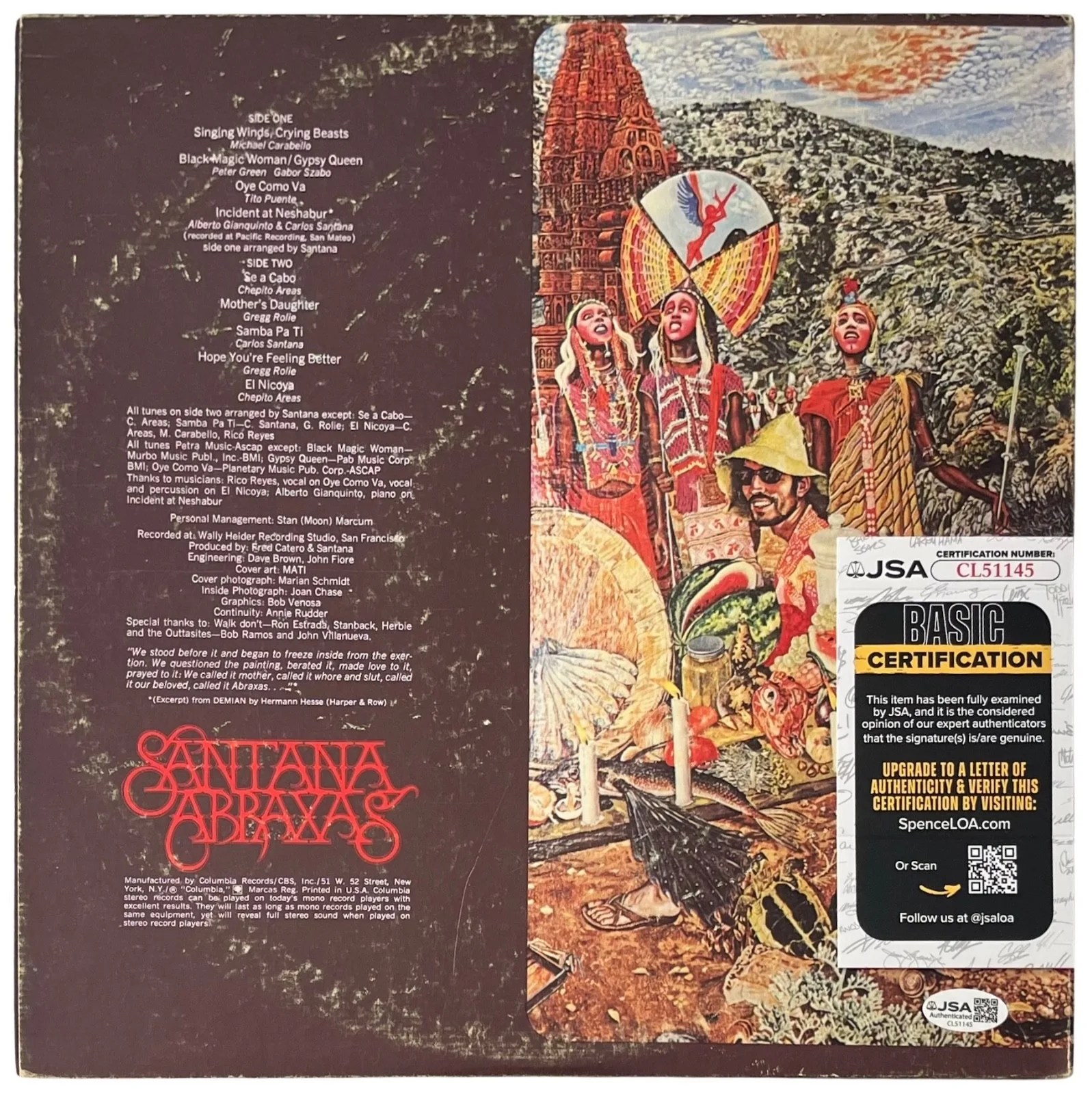 Carlos Santana Signed Abraxas Vinyl Record JSA COA CL51145, image 3