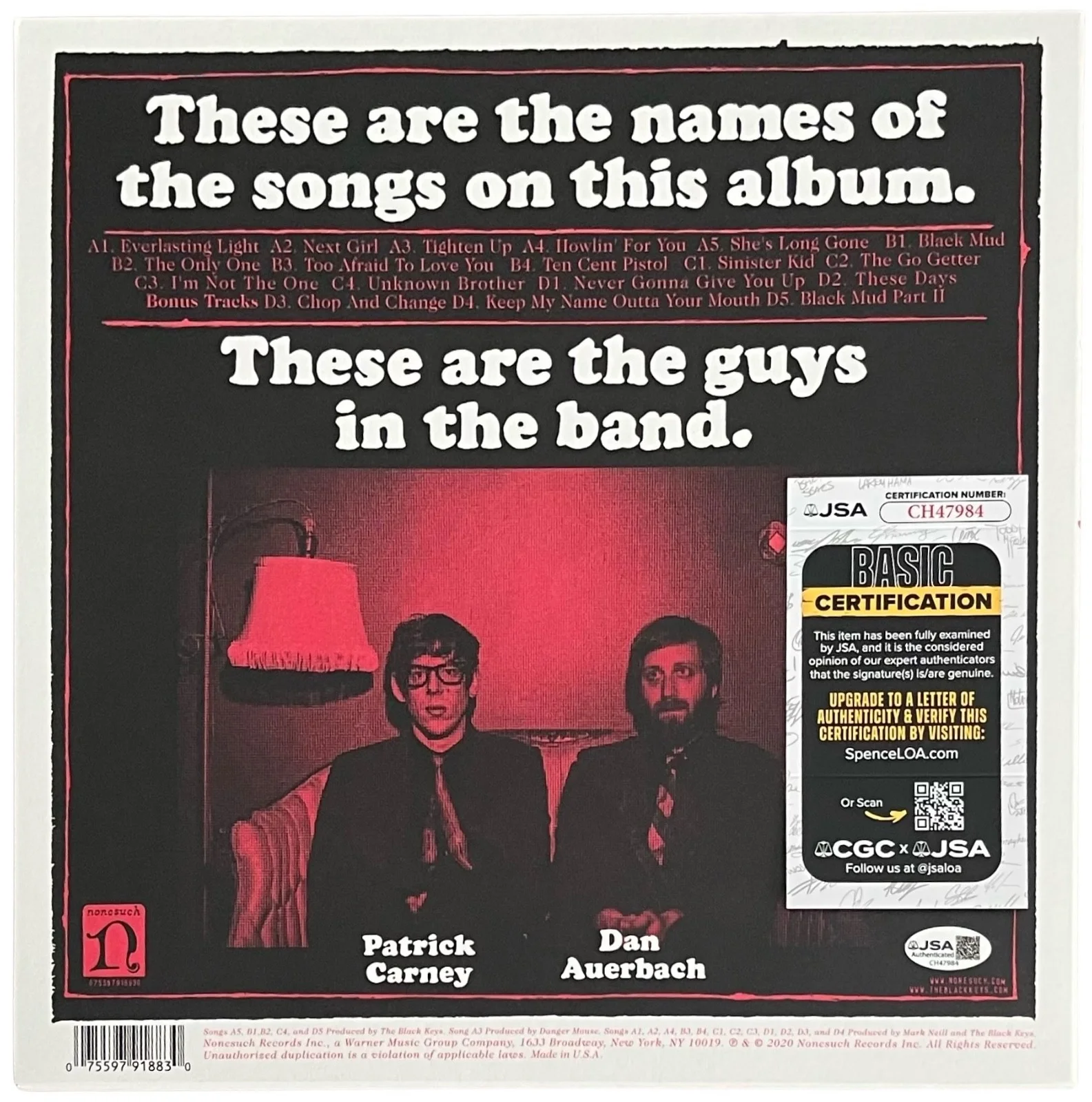 Dan Auerbach & Patrick Carney Signed The Black Keys Brothers Vinyl Record JSA, image 3
