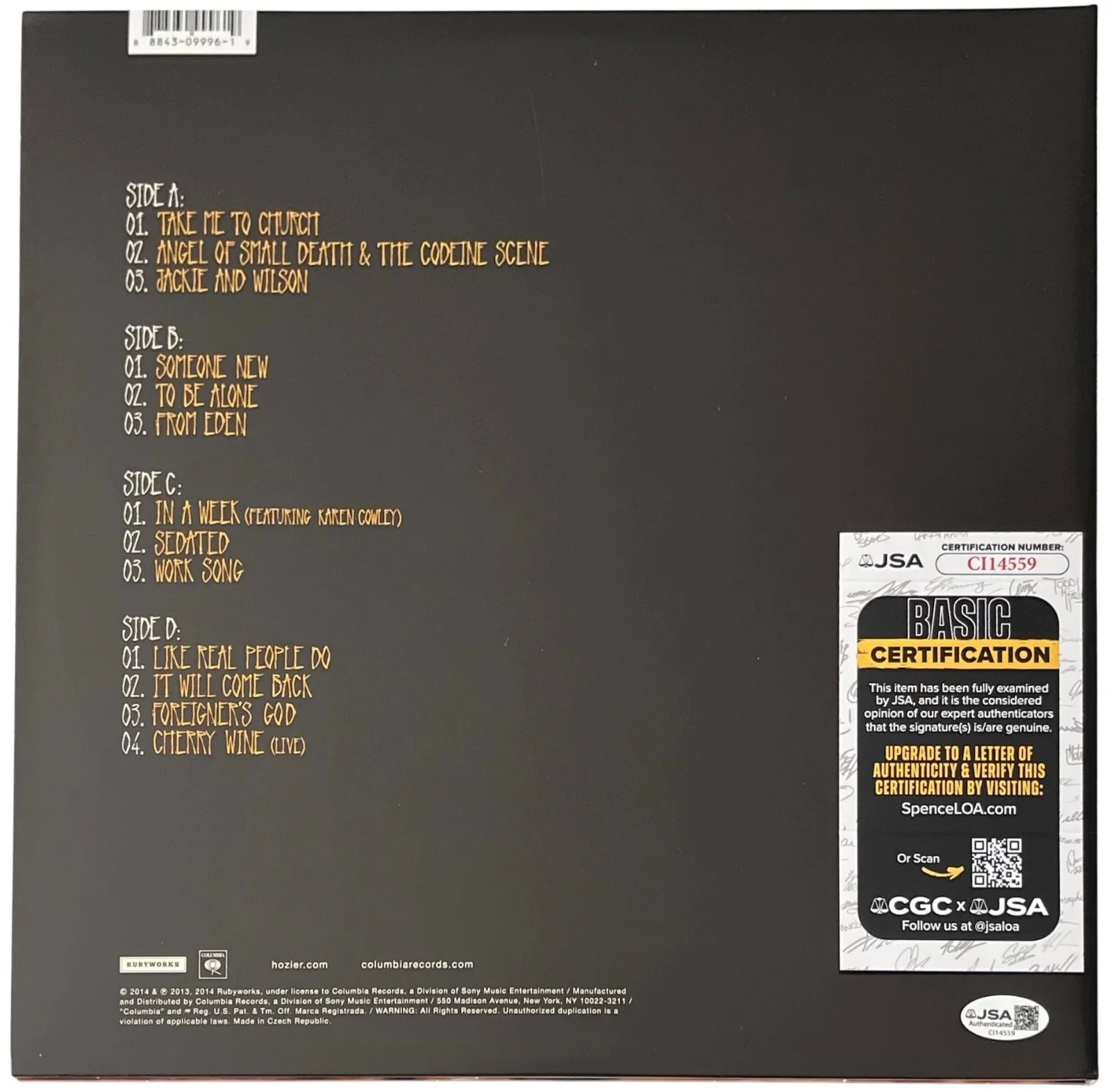 Hozier Signed Self-Titled "Take Me To Church" Vinyl Record JSA COA CI14559, изображение 3