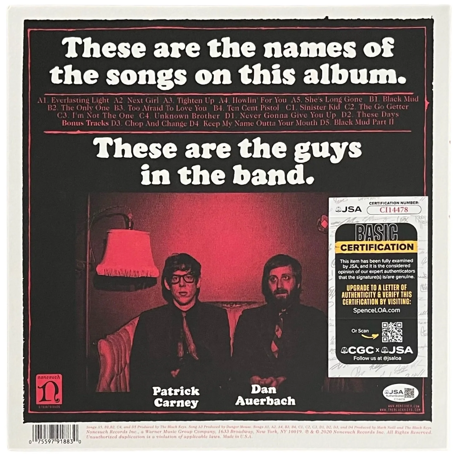 Dan Auerbach & Patrick Carney Signed The Black Keys Brothers Vinyl Record JSA, изображение 3