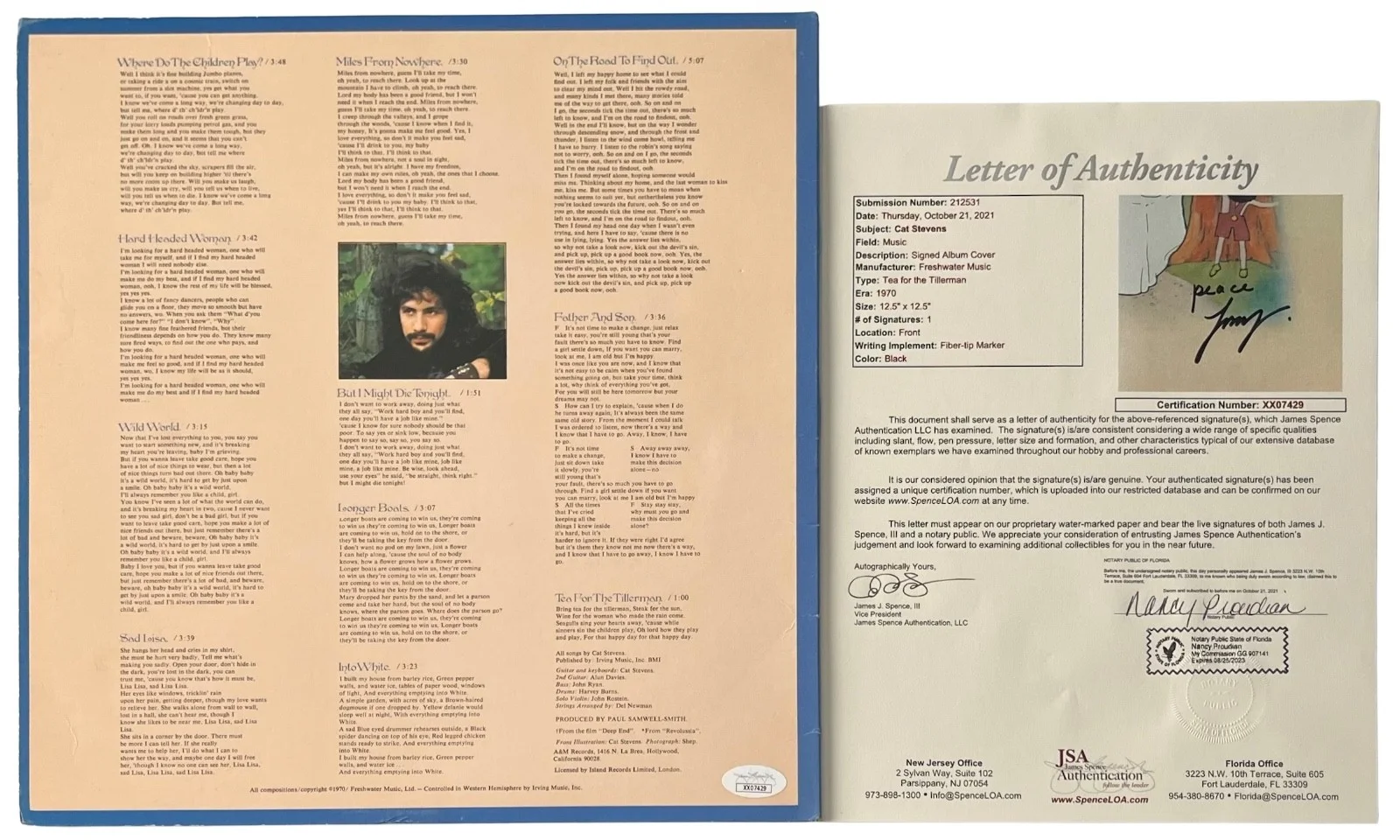 Cat Stevens / Yusuf Signed Tea For The Tillerman Vinyl Record JSA LOA XX07429, изображение 2