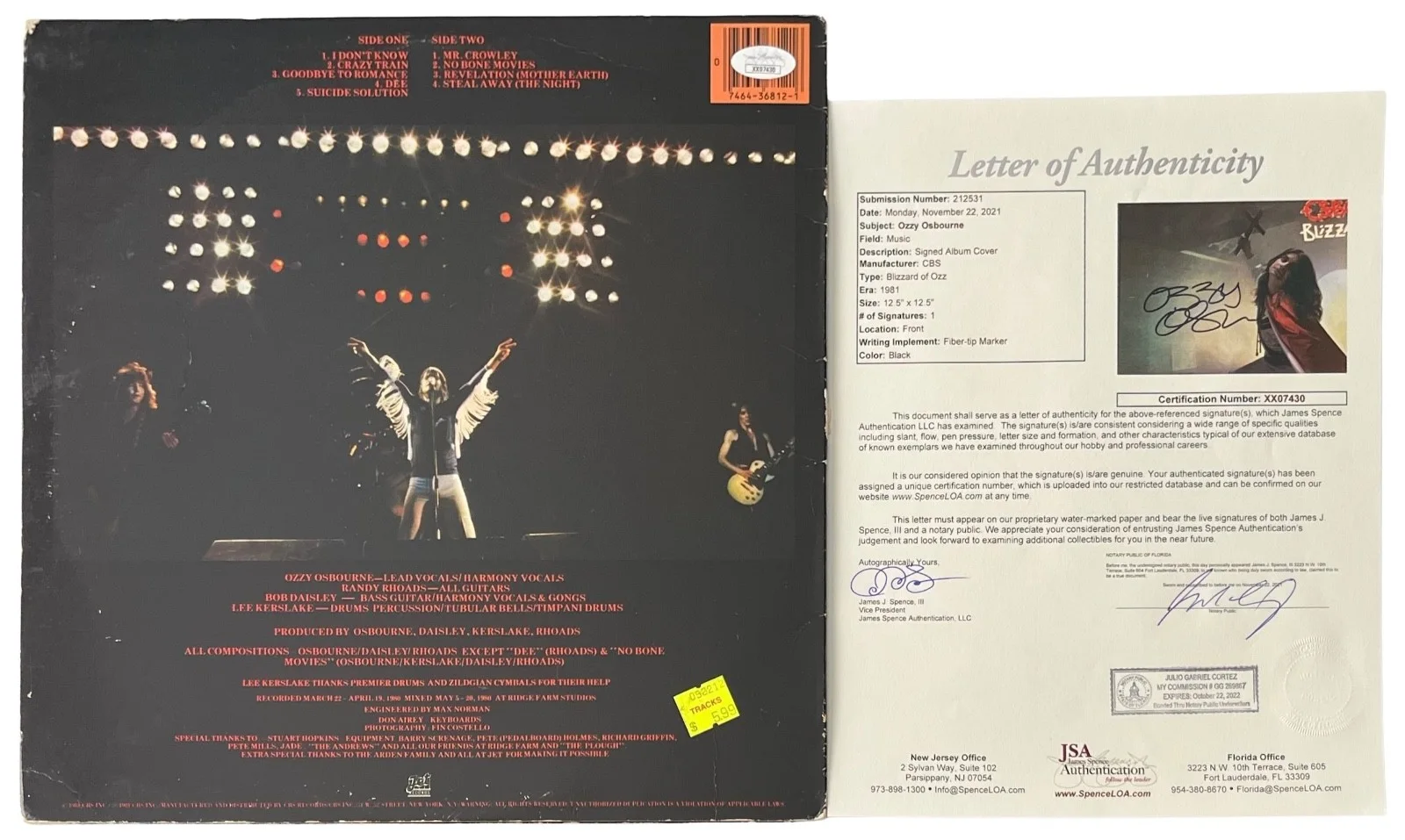 Ozzy Osbourne Signed Blizzard Of Ozz Vinyl Record JSA LOA XX07430, изображение 2