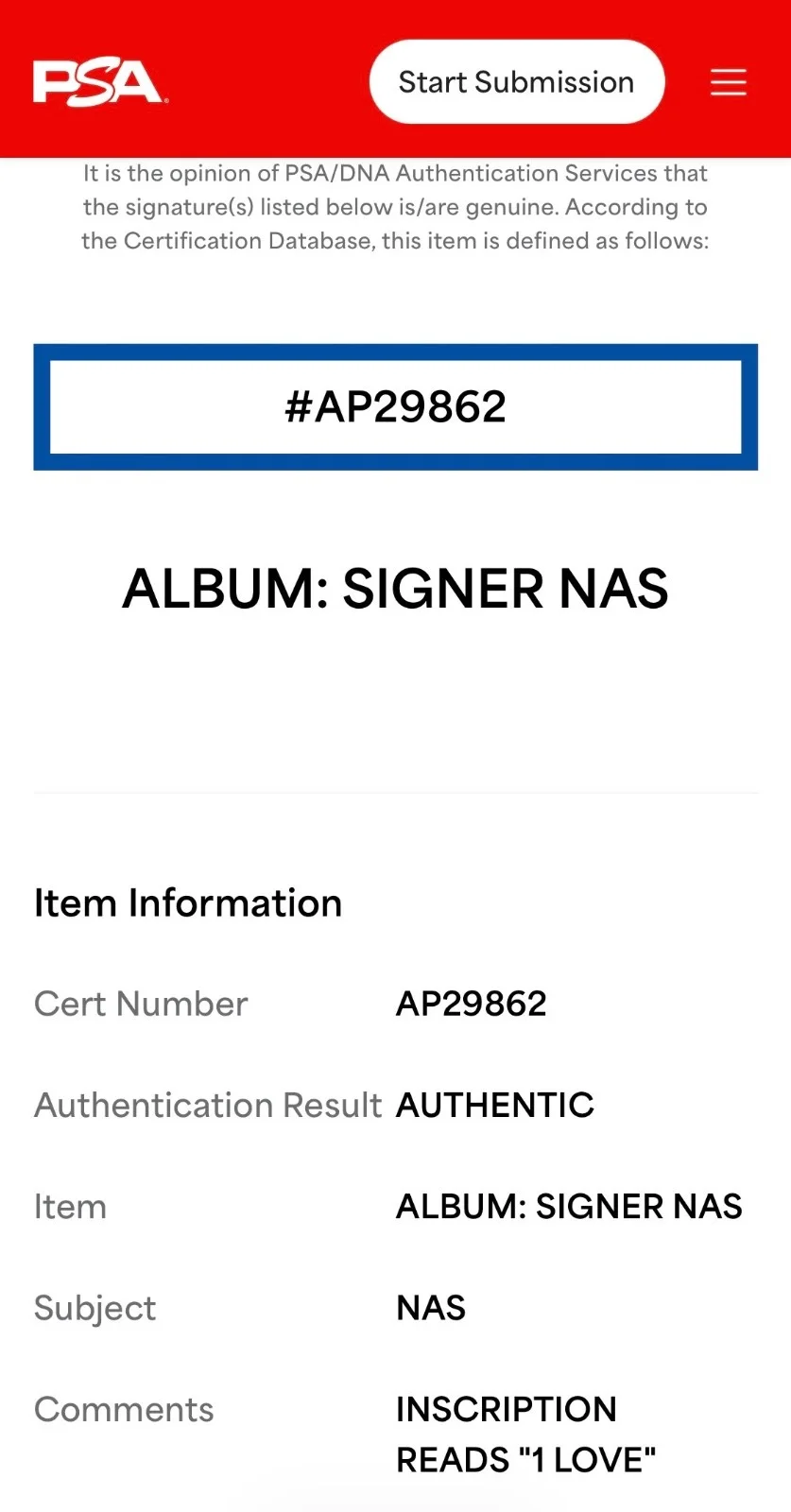 Nas (Nasir Jones) Signed Illmatic Vinyl Record w/"1 Love" Inscription PSA, изображение 3