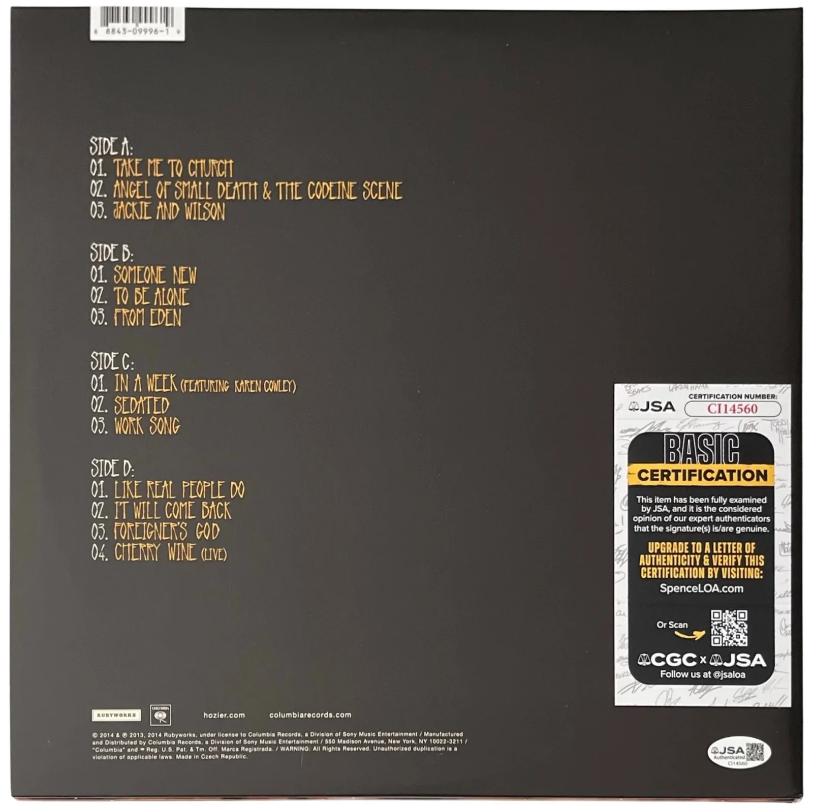 Hozier Signed Self-Titled "Take Me To Church" Vinyl Record JSA COA CI14560, изображение 3