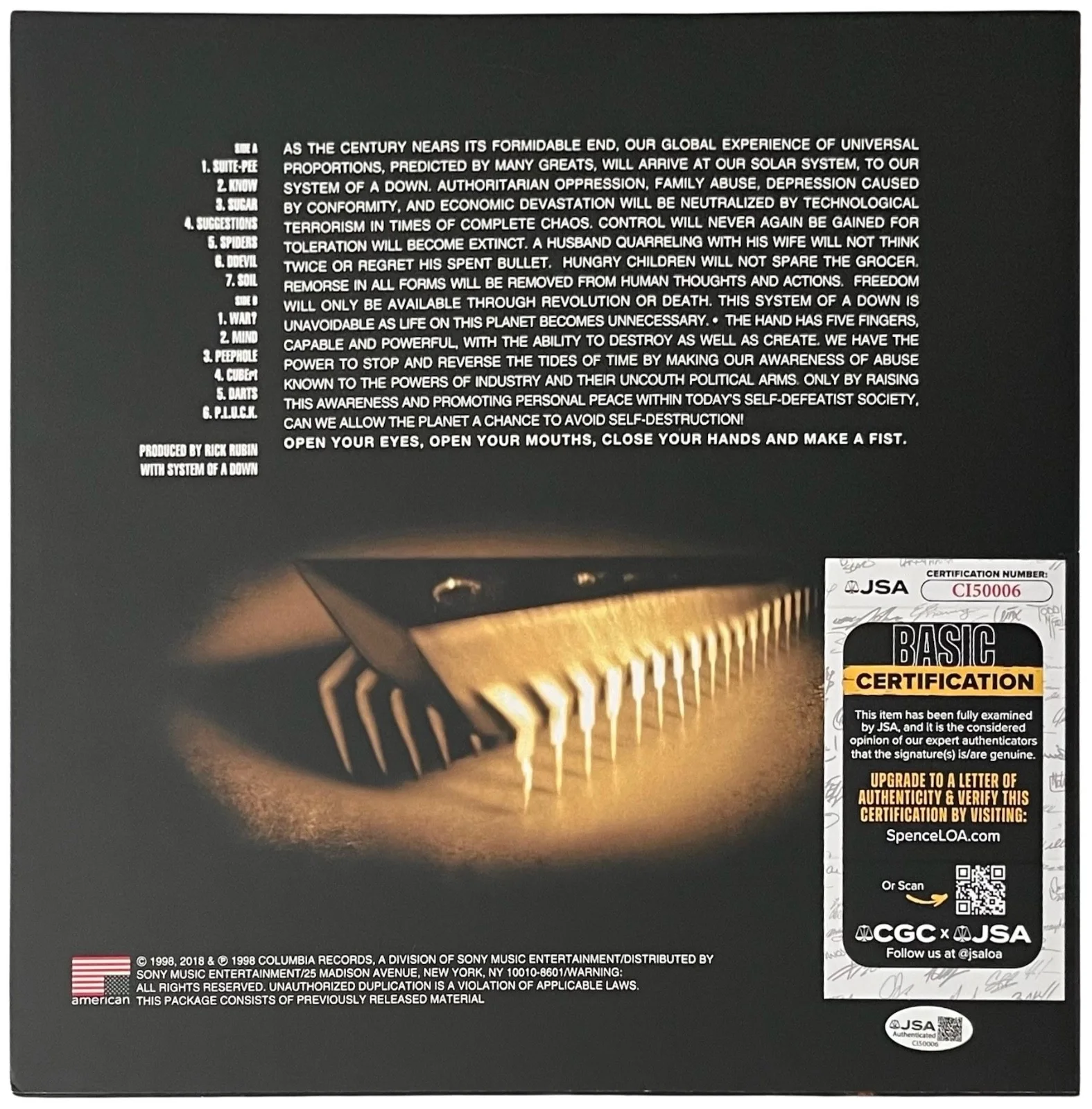 Serj Tankian Signed System Of A Down Self-Titled Vinyl Record JSA COA CI50006, изображение 3