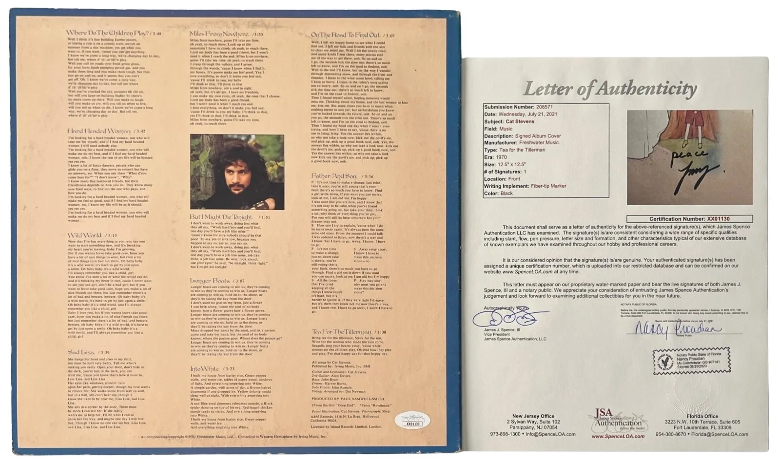 Cat Stevens / Yusuf Signed Tea For The Tillerman Vinyl Record JSA LOA XX01130, image 2