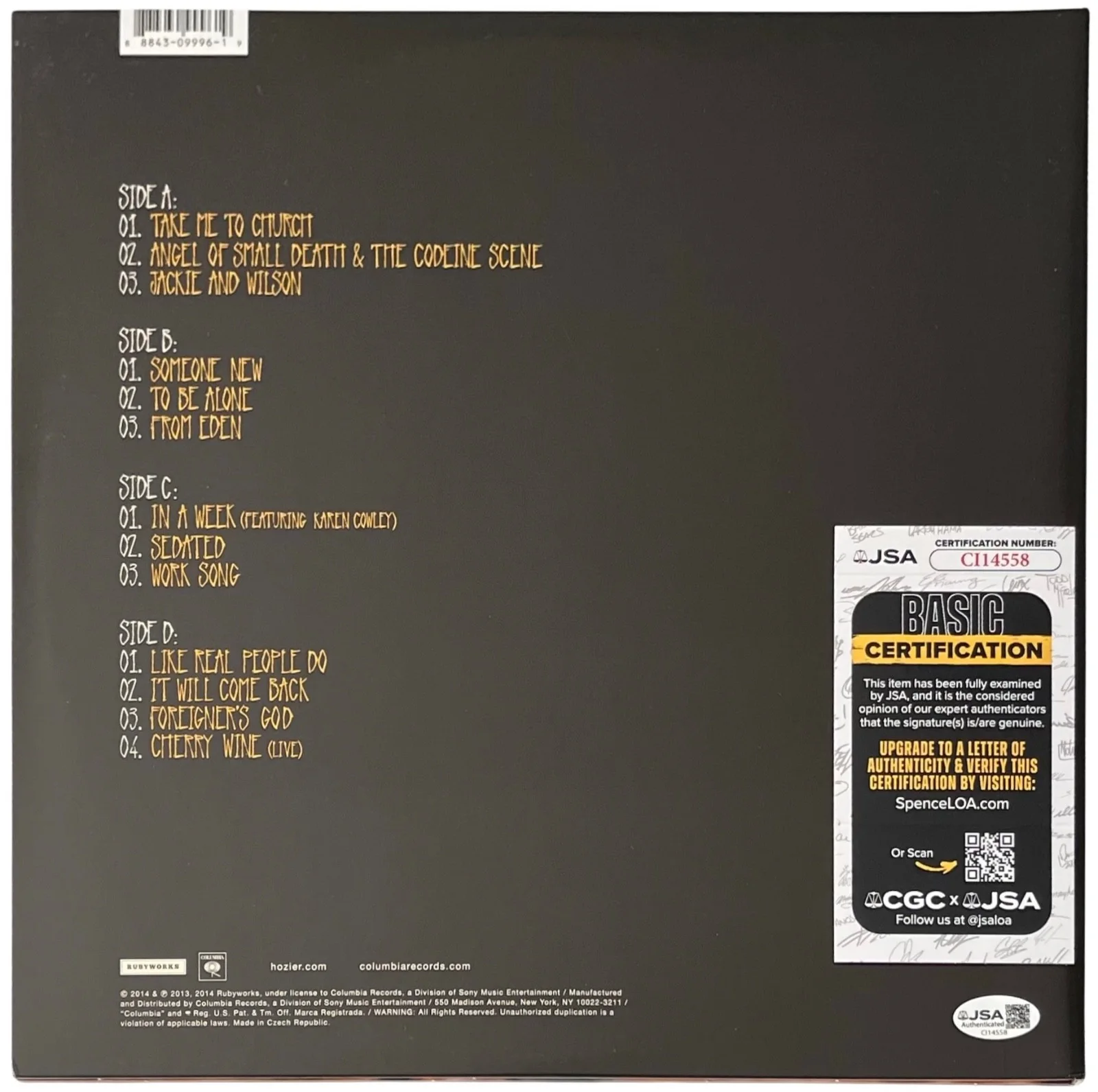 Hozier Signed Self-Titled "Take Me To Church" Vinyl Record JSA COA CI14558, изображение 3