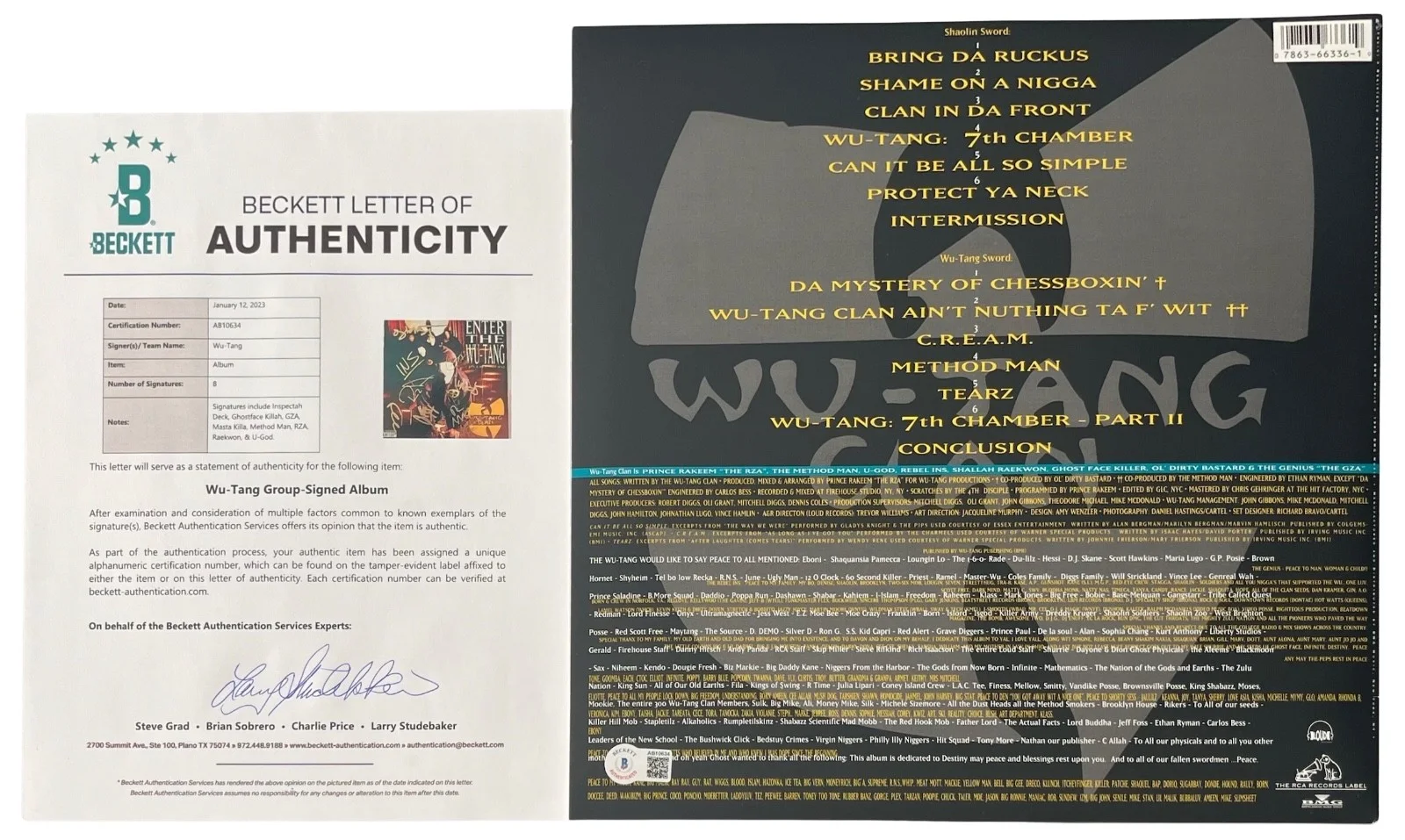 Wu-Tang Clan x8 Ghostface Method Man RZA Signed 36 Chambers Vinyl Record Beckett, изображение 2