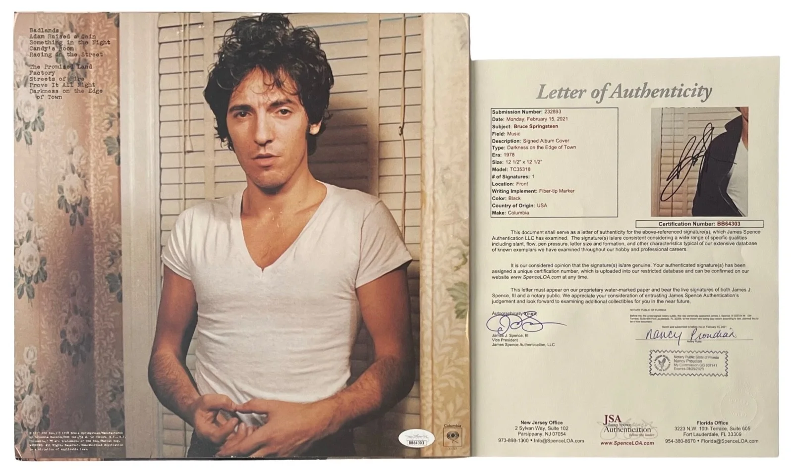 Bruce Springsteen Signed Darkness On The Edge Of Town Vinyl Record JSA LOA, изображение 2