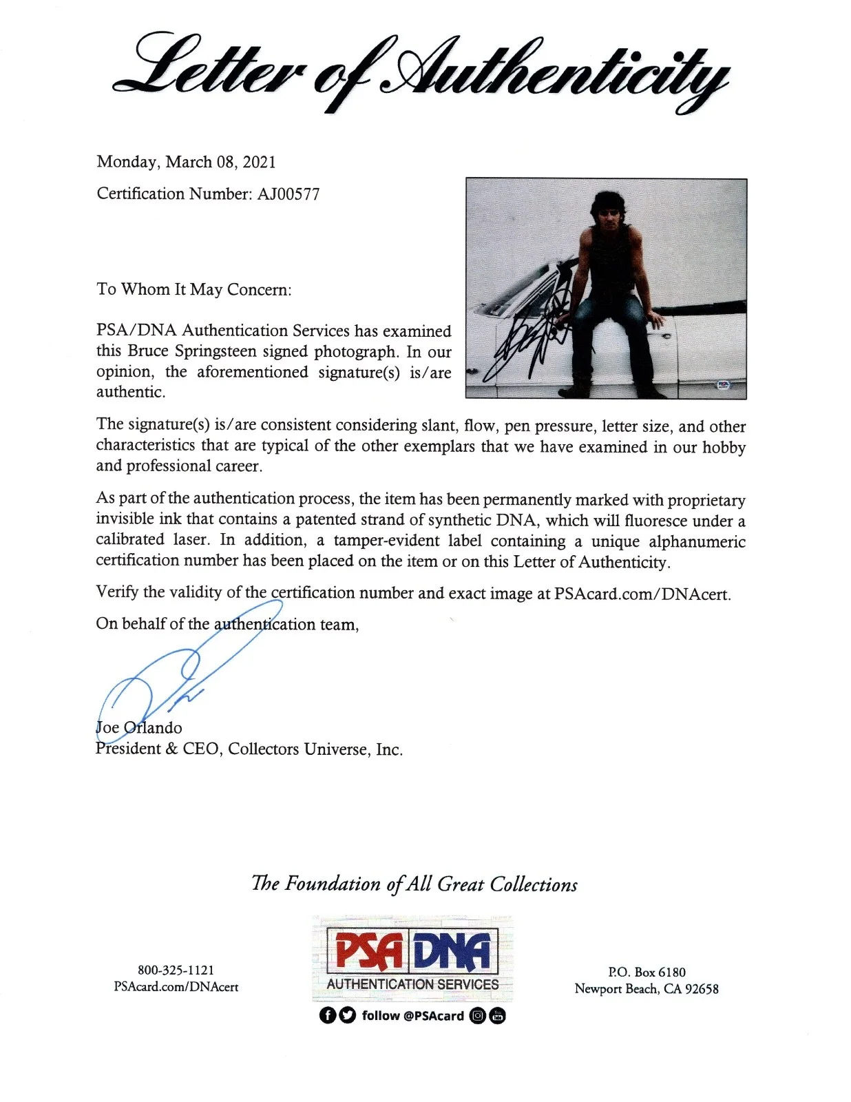 Bruce Springsteen Signed 11x14 Photo ('Cover Me' Photoshoot) PSA LOA AJ00577, изображение 2