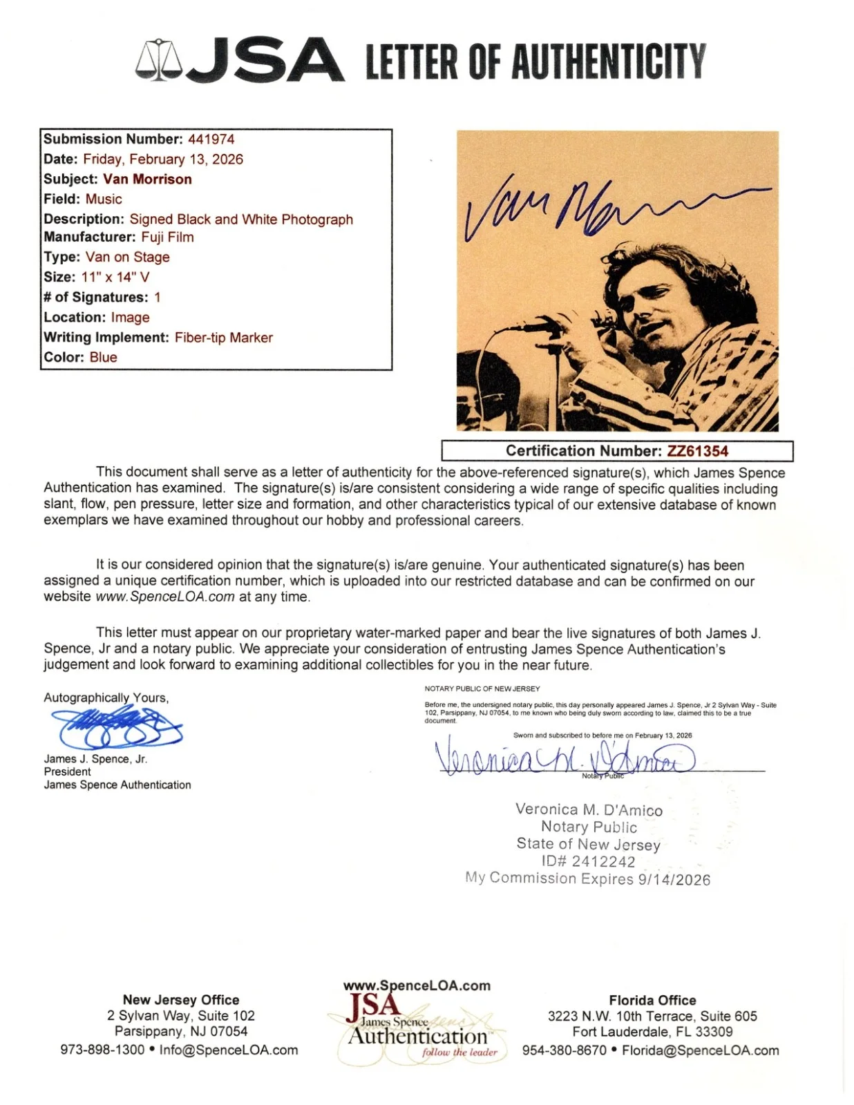 Van Morrison Signed 11x14 Photo ('Spring Sing' - Boston Common - 1968) JSA LOA, image 2