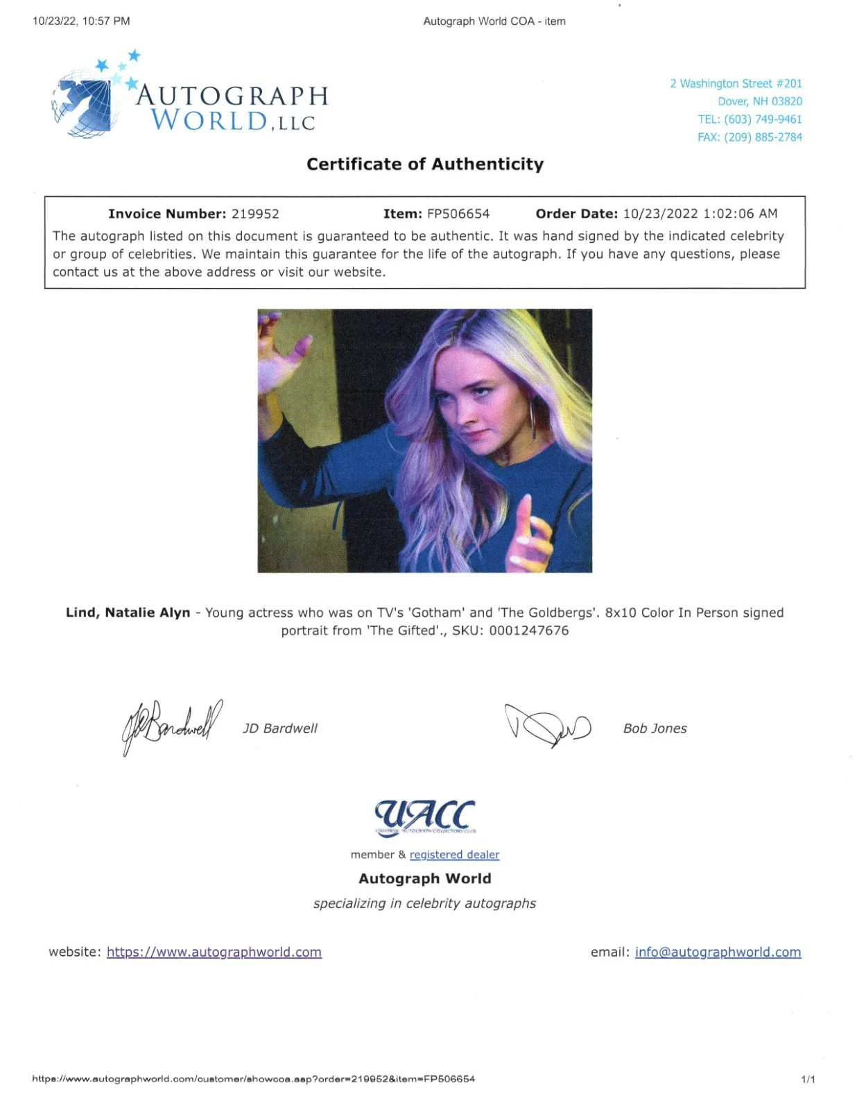 Natalie Alyn Lind — AUTOGRAPHED 8X10 SIGNED BY NATALIE ALYN LIND IN THE GIFTED UACC COA, image 2